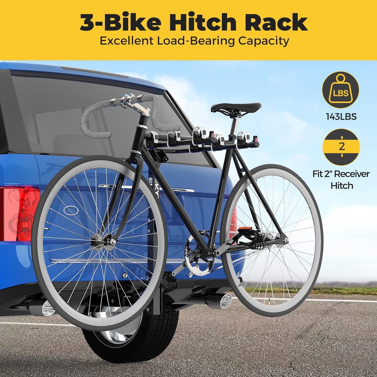 NEW - Bike Car Rack with 2 in. Receiver Hitch for 3 Bicycles, Hitch Mount Bike Rack with 143LBS Capacity Steel Frame, Foldable and Tilt-Away Modes for Car SUV Truck Vans, Easy Assembly, Safe Locking, Grey - Retail $94