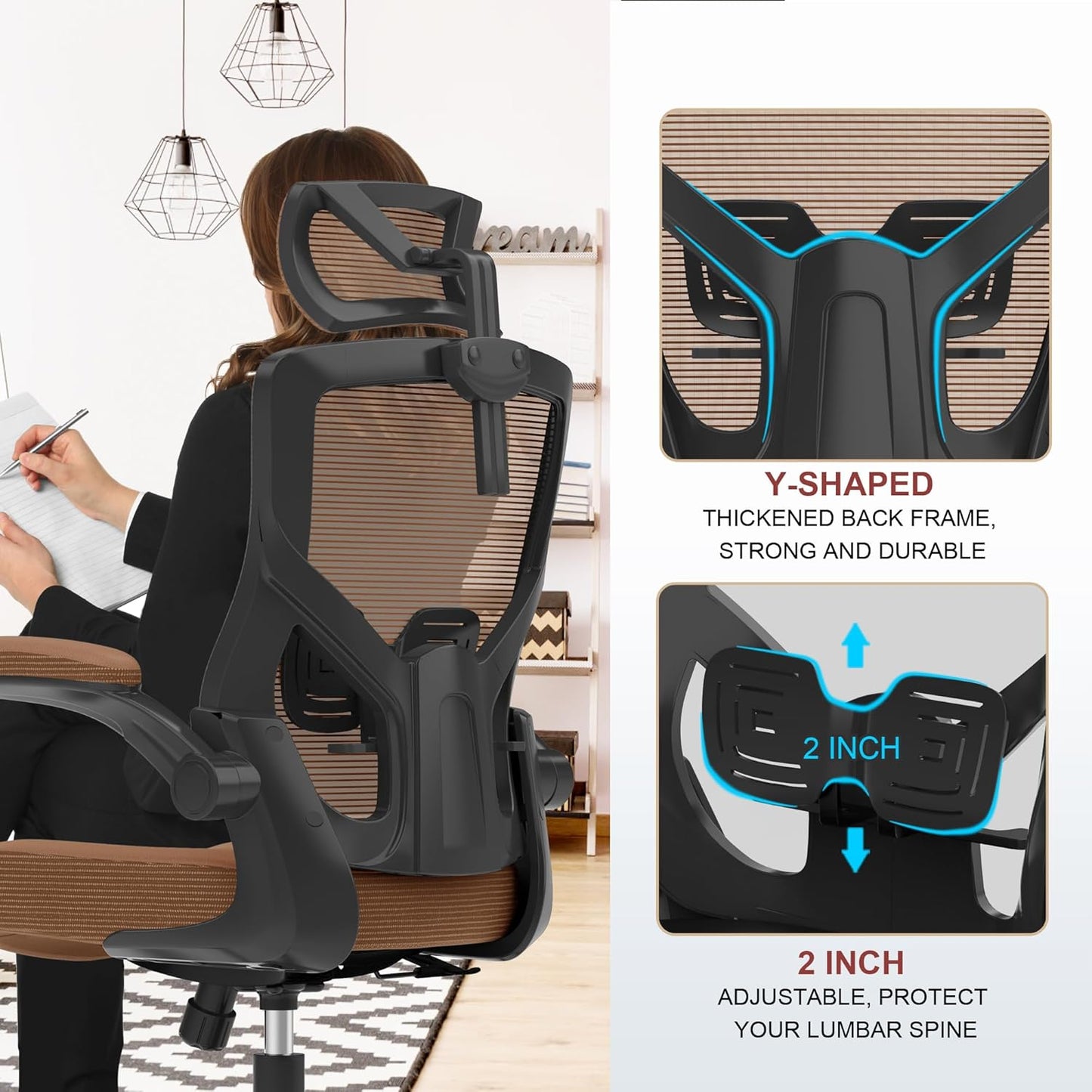 Home Office Chair, Ergonomic Comfy Desk Chair, High Back Computer Chair- Adjustable Headrest with Flip-Up Arms, Lumbar Support, Swivel Executive Task Chair (Mummy Brown, Modern) - Retail $150