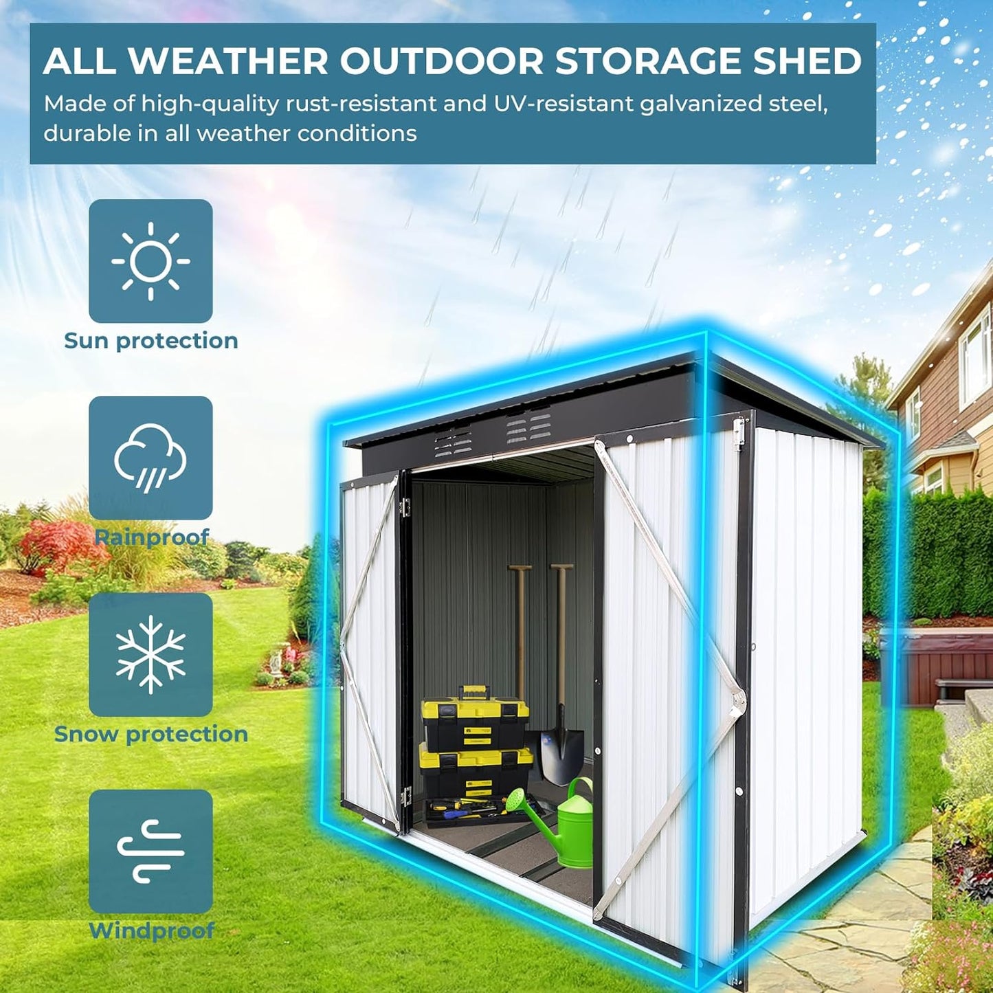 NEW - Zevemomo 6 x 4 ft Outdoor Storage Shed, All Weather Metal Shed with Metal Foundation & 2 Lockable Doors, Tool Sheds for Garden, Patio, Lawn, Black - Retail $200