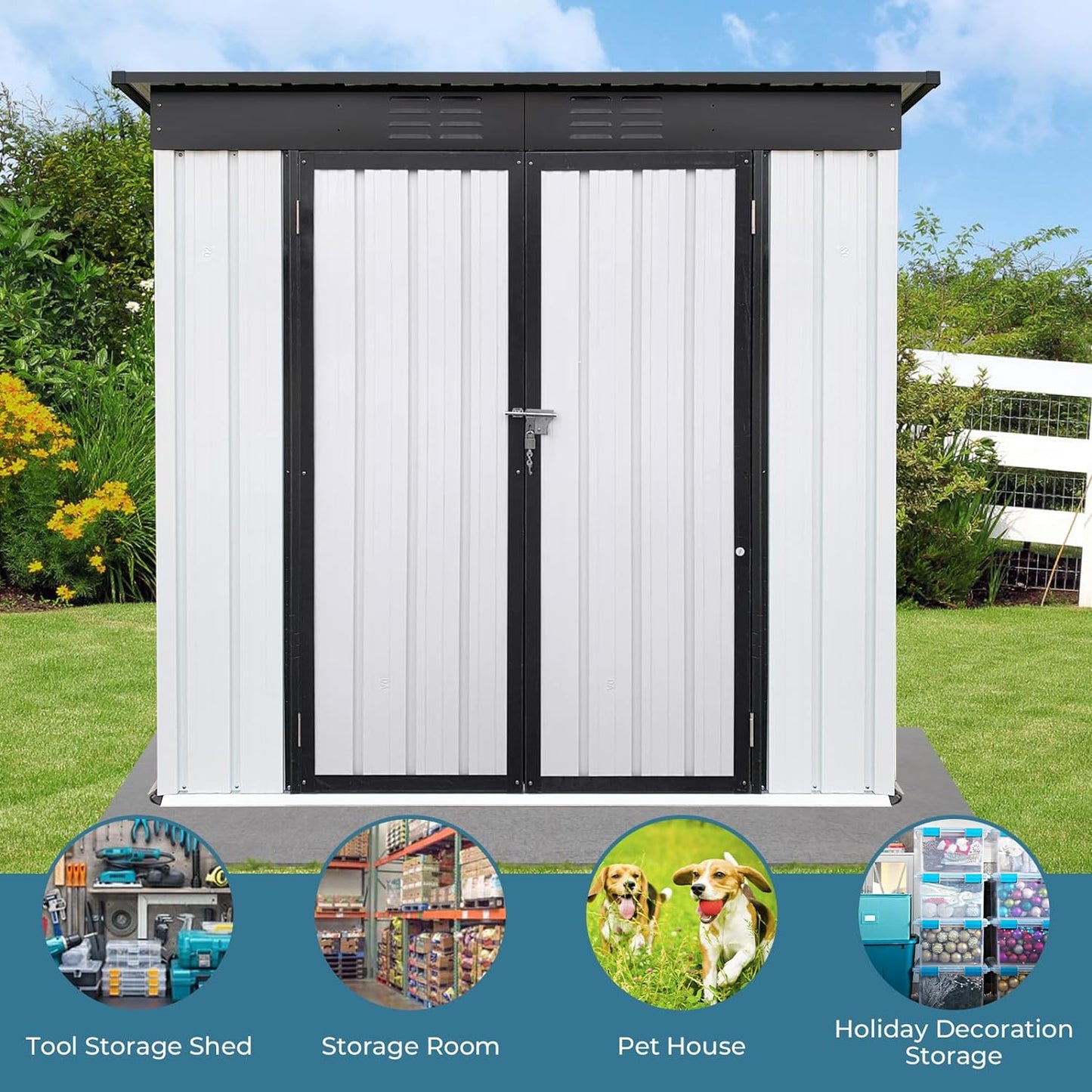 NEW - Zevemomo 6 x 4 ft Outdoor Storage Shed, All Weather Metal Shed with Metal Foundation & 2 Lockable Doors, Tool Sheds for Garden, Patio, Lawn, Black - Retail $200