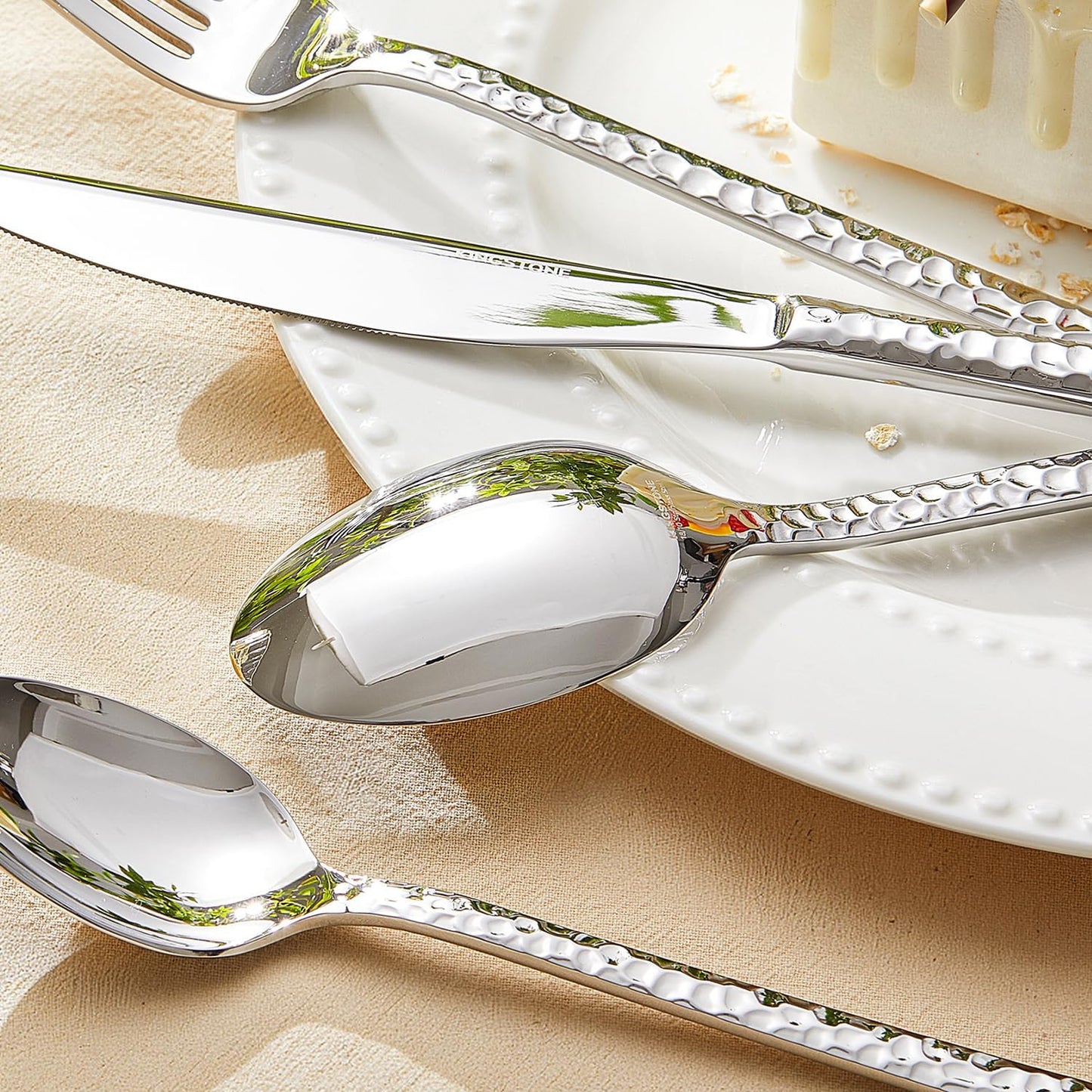 KINGSTONE 60 Piece Hammered Silverware Set, 18/10 Stainless Steel Flatware Set for 12, Cutlery Set for Home, Party, Wedding, Mirror Polished Dishwasher Safe