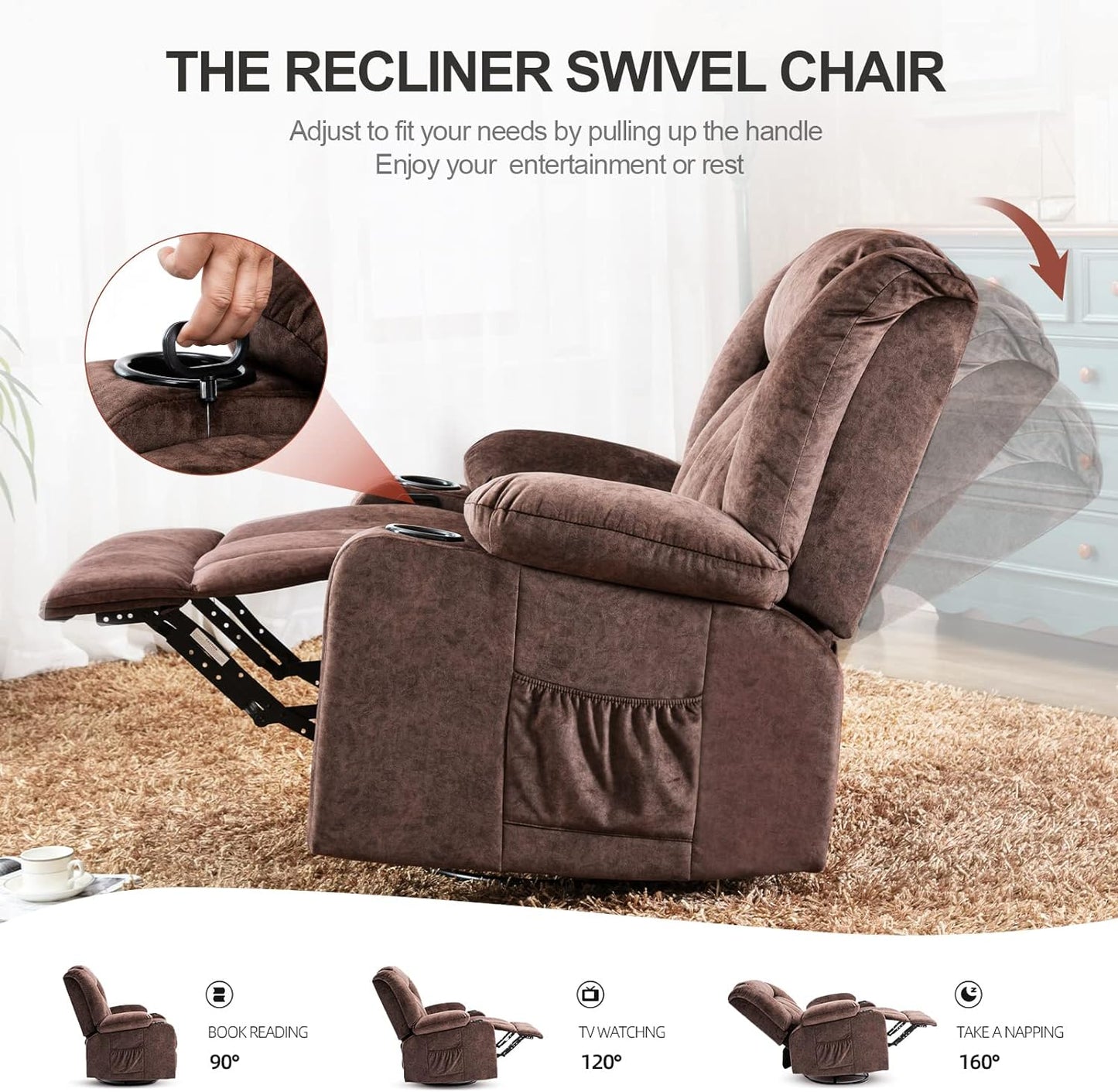 NEW - COMHOMA Recliner Chair Massage Rocker with Heated 360 Degree Swivel Lazy Boy Recliner Single Sofa Seat with Cup Holders for Living Room (brown) - Retail $289