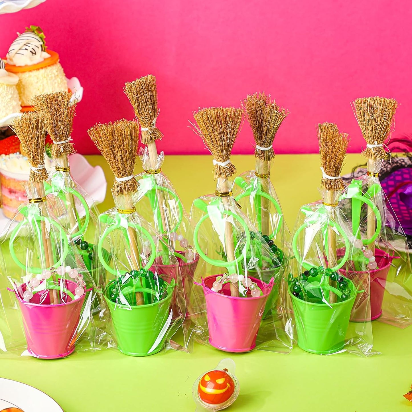 Weysat 32 Pcs Witch and Princess Party Favors Gifts Including Broom Pencils Green and Pink Friendship Matching Bracelets Eyeglass Frames and Small Iron Bucket for Birthdaby Halloween Party Decoration