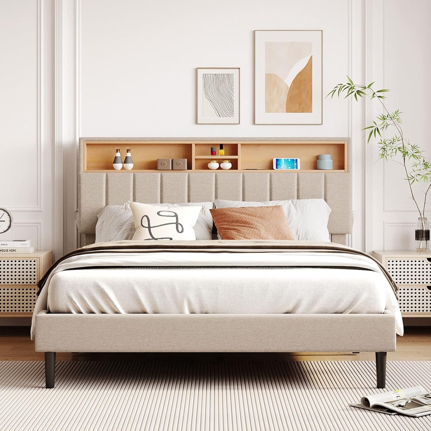 Queen Bed Frame,Platform Bed with Storage Headboard and Power Outlets, USB Ports Charging Station, Sturdy and No Noise, No Box Spring Needed, Linen Fabric Upholstered Bed (Beige) - Retail $270