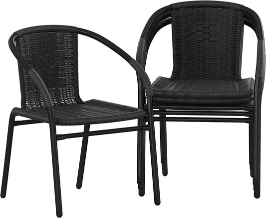 NEW - Flash Furniture Lila 4 Pack Black Rattan Indoor-Outdoor Restaurant Stack Chair | Versatile and Stylish Seating - Retail $169