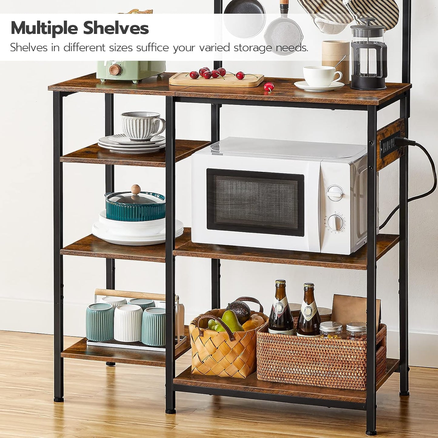 NEW - HOOBRO Bakers Rack with Power Outlet, 35.4 Inches Microwave Stand with 4 Hooks, 6 Tiers Kitchen Storage Shelf Rack, Coffee Bar Table, Rustic Brown and Black BF10UHB01 - Retail $99