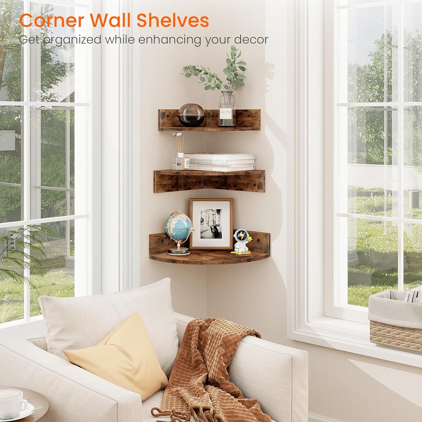 Homode Brown Corner Floating Shelves, Set of 3 Corner Shelves Wall Mounted with Cable Hole