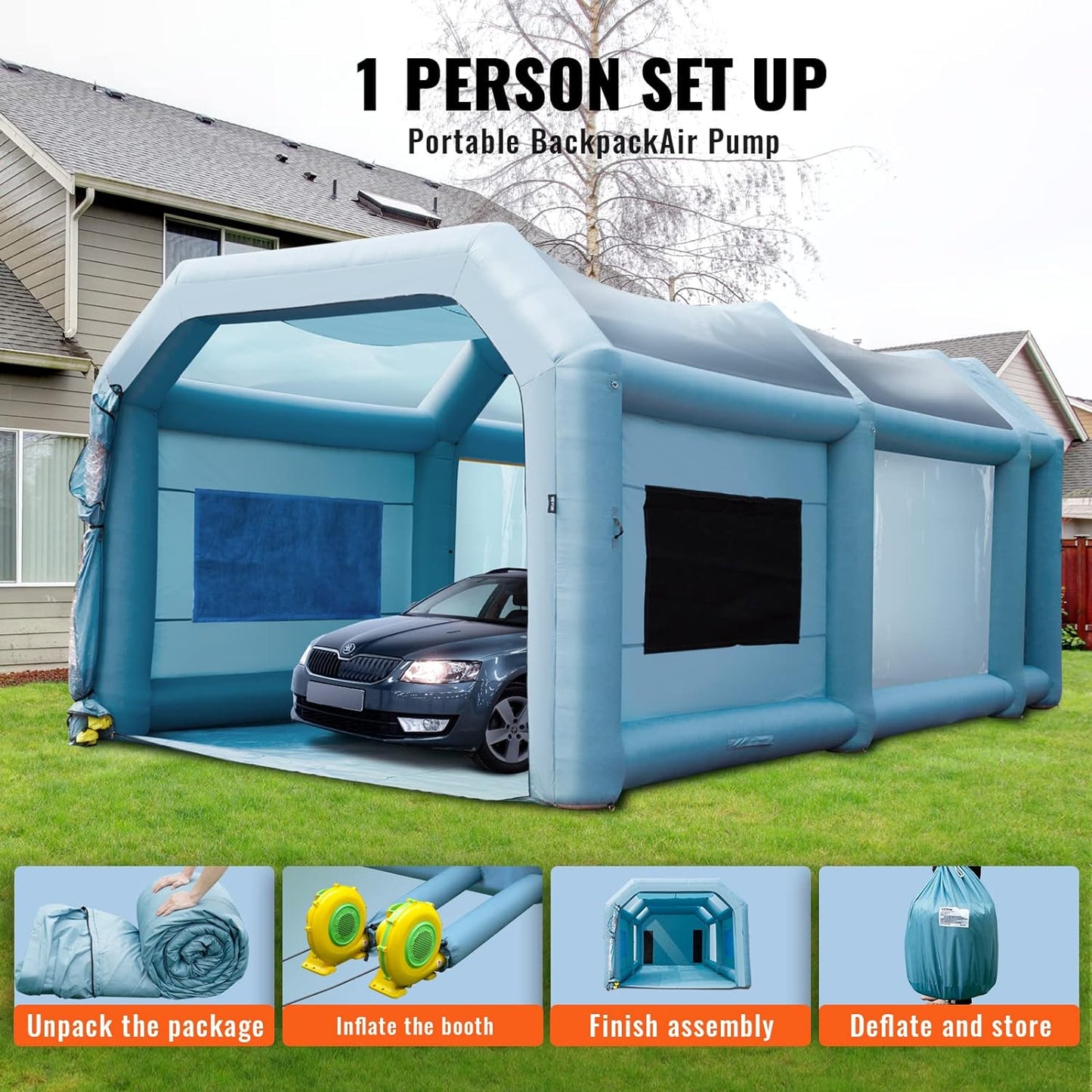 VEVOR Inflatable High Powerful 750W+950W Blowers Spray Booth Paint Air Filter System for Car Parking Tent Workstation Garage, 26x15x11ft - Retail $661