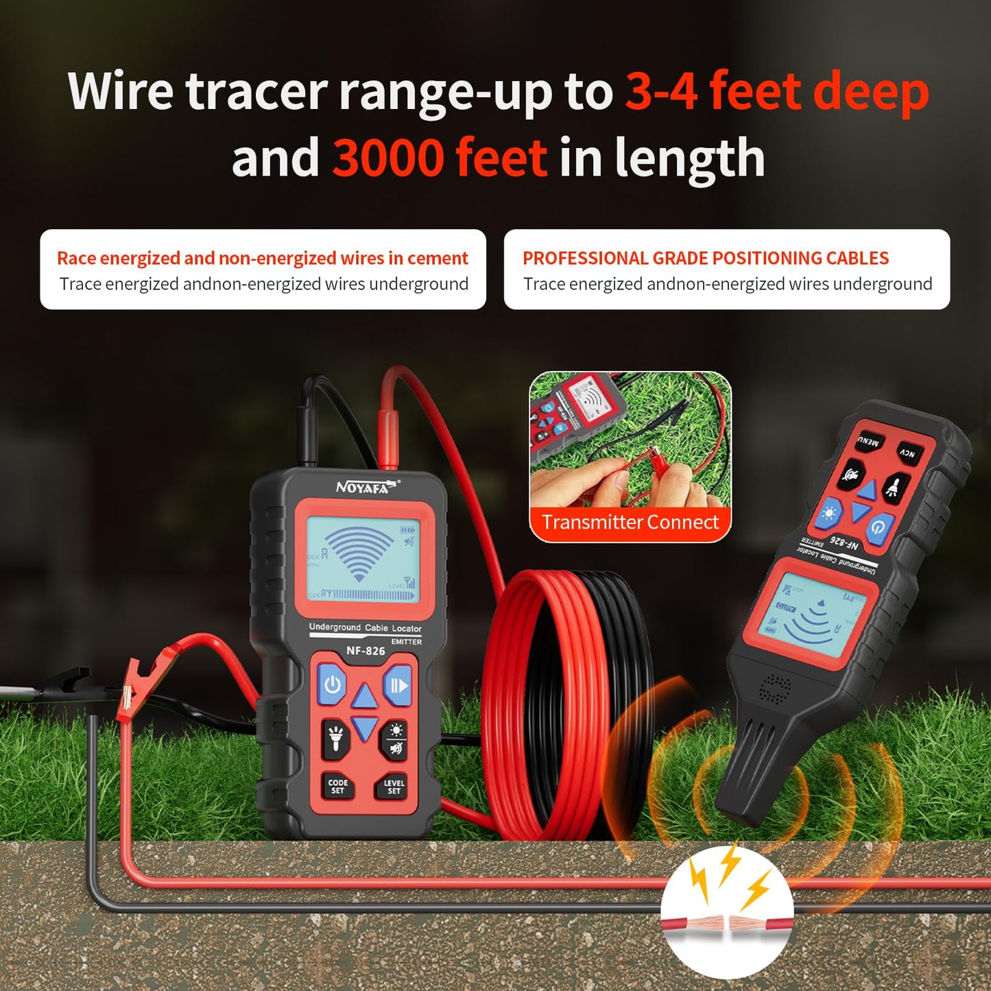 NOYAFA NF-826 Underground Cable Locator Wire Tracker, for Dog Fence Cables Irrigation, Wall and Underground Pipeline Wire Detector