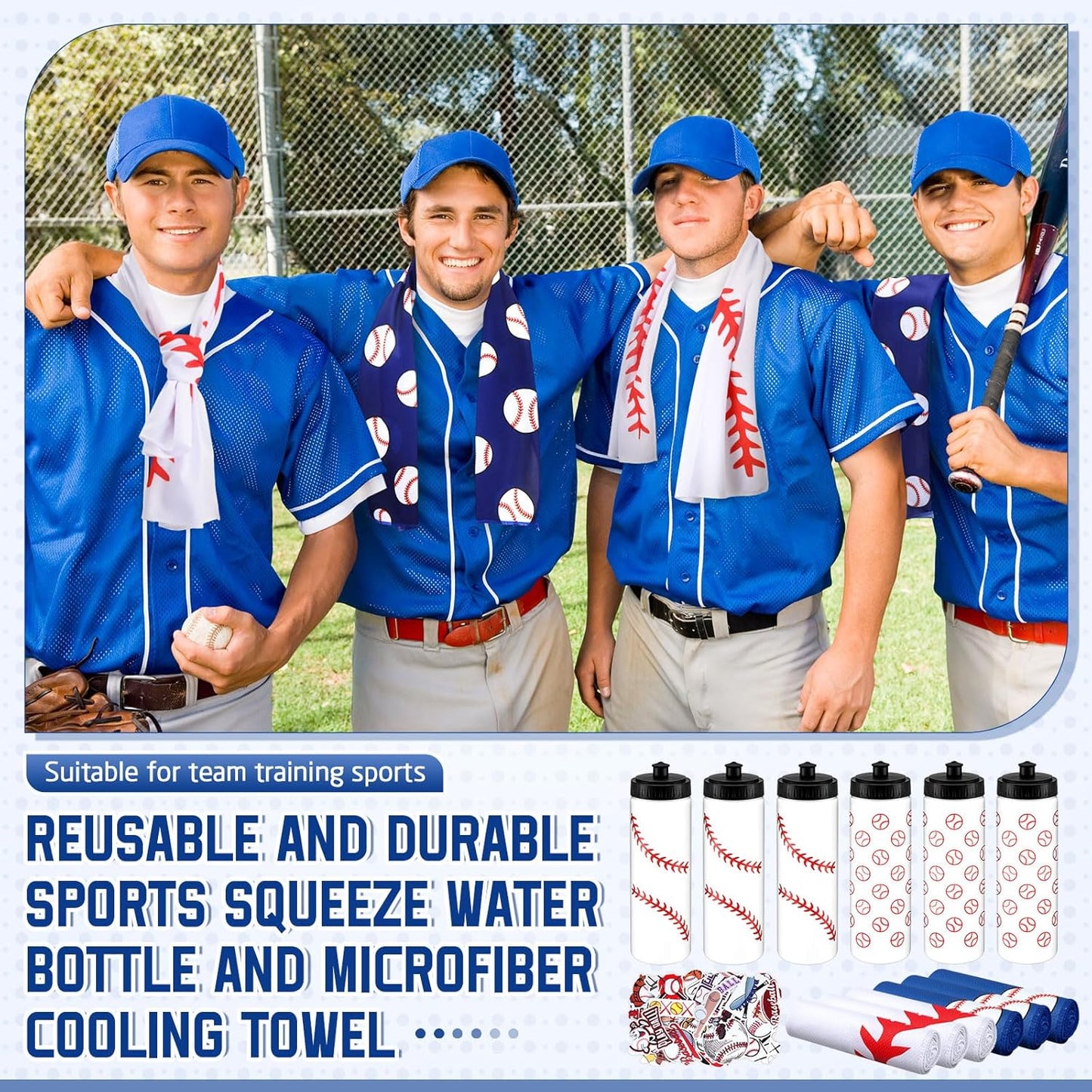 12 PCS 20 Oz Baseball Water Bottles & Cooling Towels Set with 50 Stickers for Sports Events & Gifts