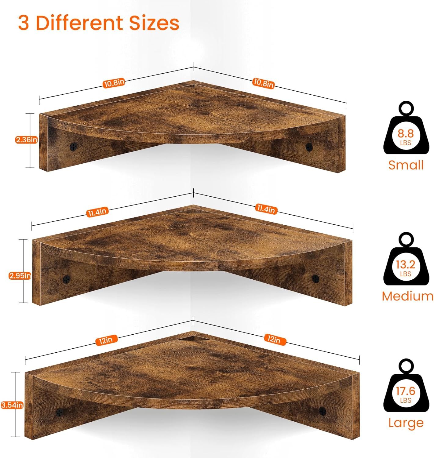 Homode Brown Corner Floating Shelves, Set of 3 Corner Shelves Wall Mounted with Cable Hole