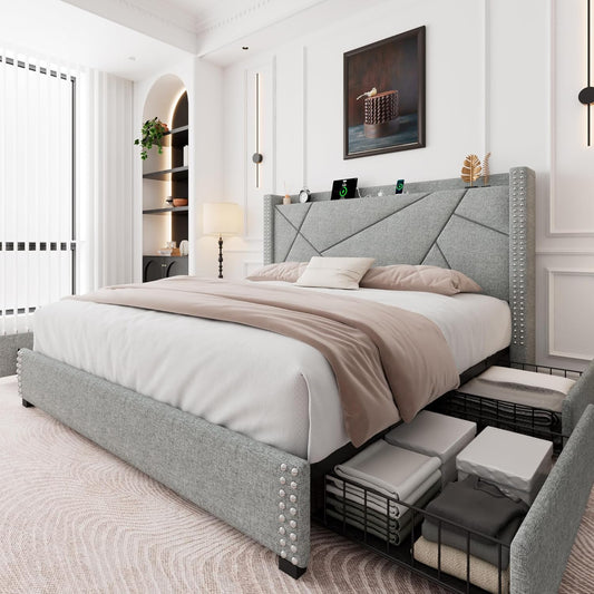 Feonase Full Size Bed Frame with 4 Storage Drawers, Upholstered Platform Bed with Charging Station & Wingback Headboard, Solid Wood Slats Support, No Box Spring Needed, Noise-Free, Light Gray