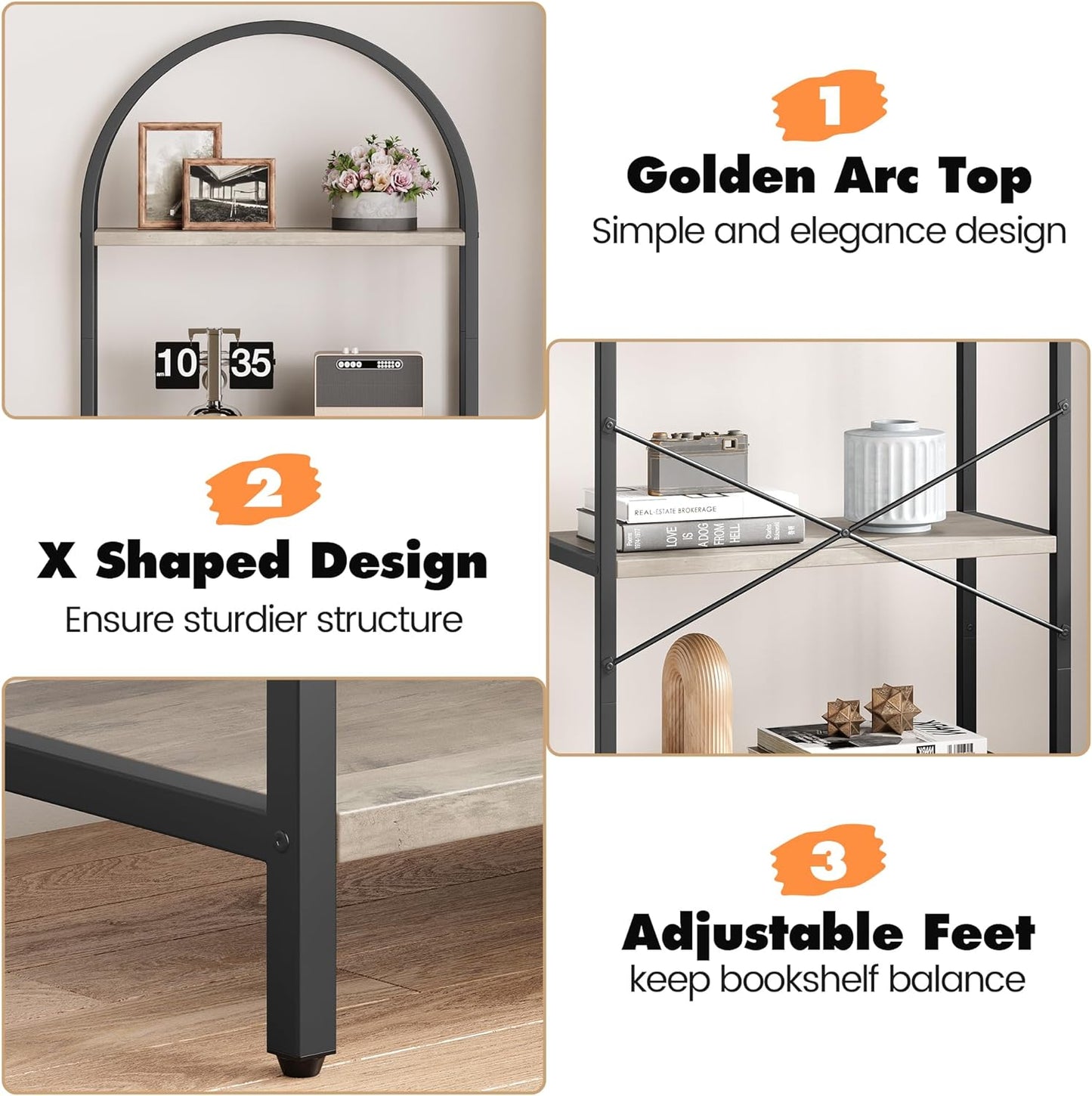 NEW - IDEALHOUSE Bookshelf 5 Tier Bookcase Arched Display Racks Tall Standing Bookshelves Metal Frame Farmhouse Storage Rack Shelf Grey Book Shelf for Bedroom, Living Room, Home Office - Retail $79