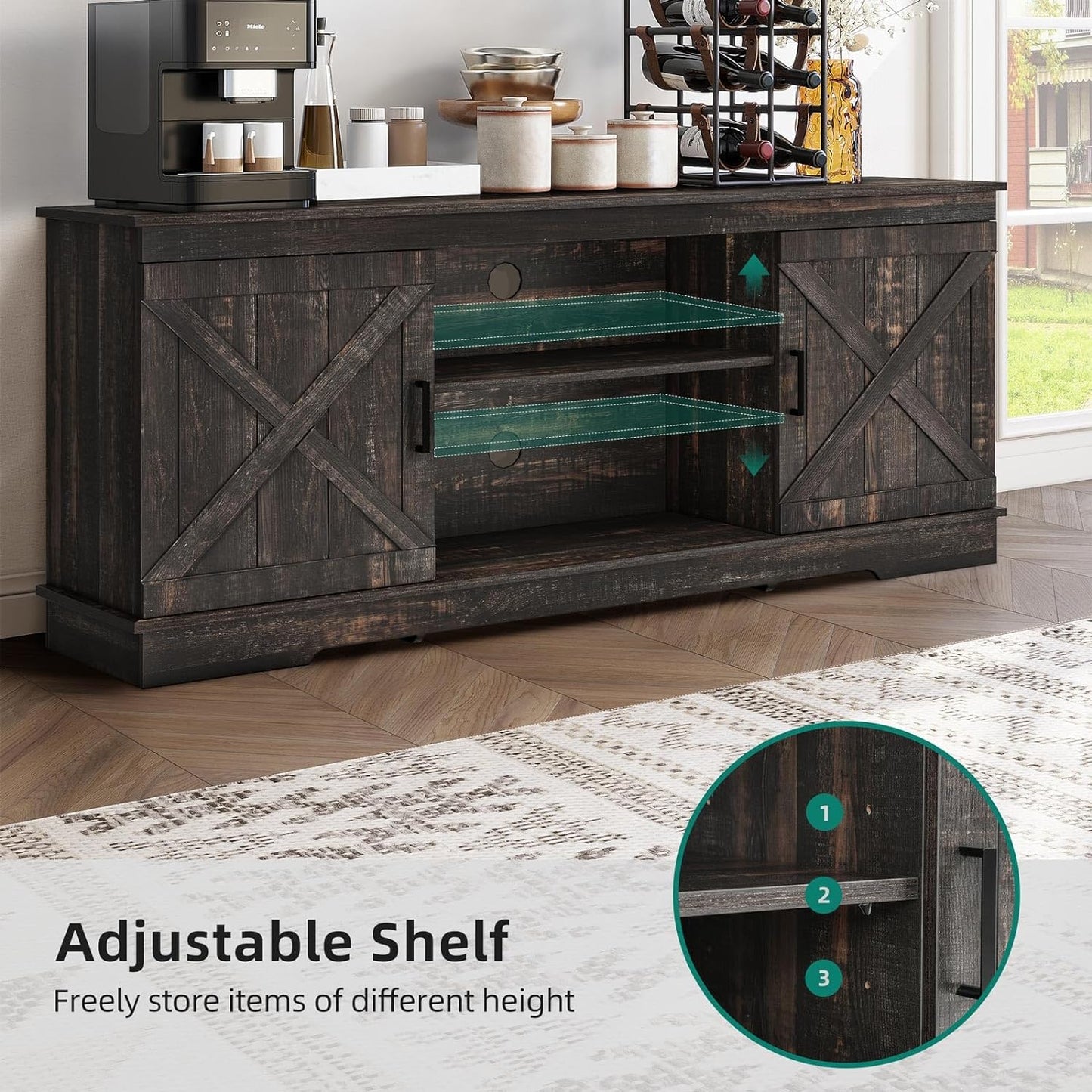 NEW - YITAHOME Buffet Cabinet, 59.5" Farmhouse Sideboard Buffet Storage Cabinet with Barn Door Coffee Bar Cabinet with Capacity 300 lbs for Home Dinning Living Room,Dark Rustic Oak, 26Ã¢â‚¬Å“ Height - Retail $197