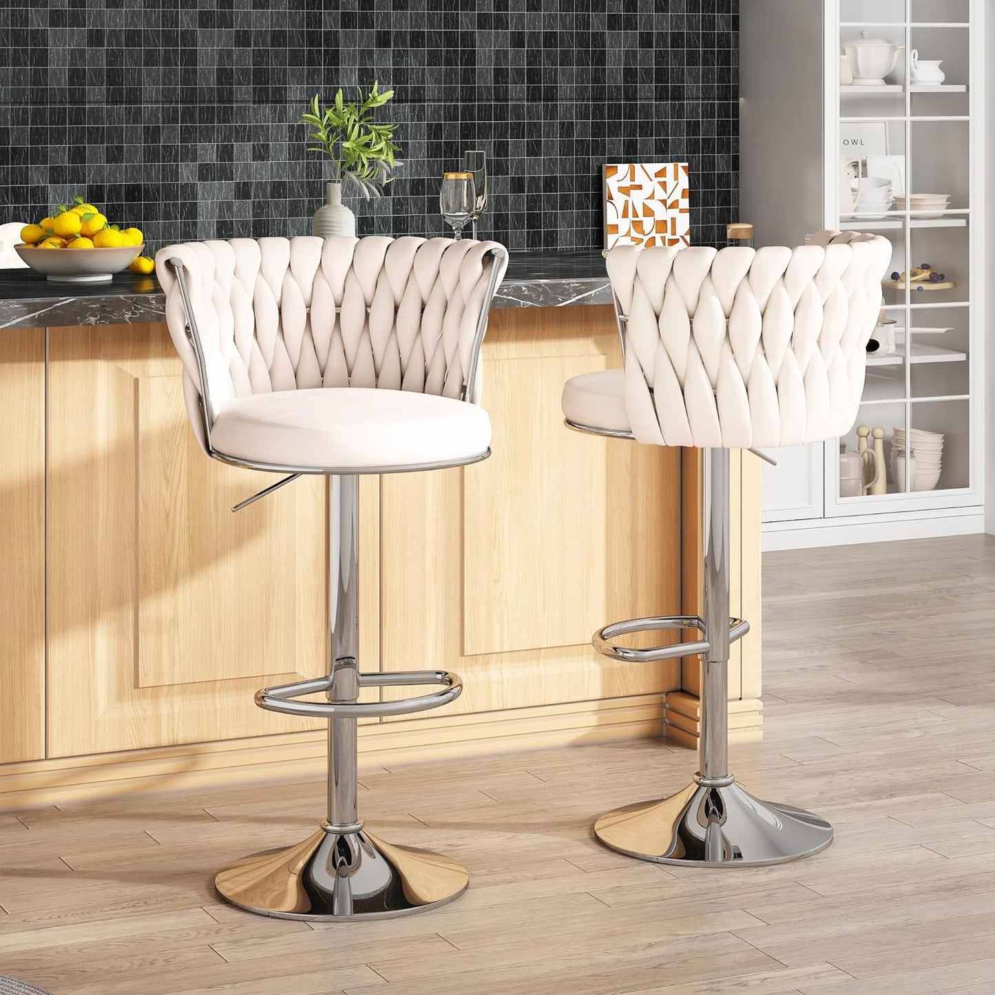 NEW - AWQM Velvet Bar Stool Set of 2, Counter Height Barstools Adjustable Kitchen Island Chairs,Swivel Bar Stools Upholstered Bar Chairs Counter Stool Armless Chairs with Back & Footrest, Beige - Retail $129