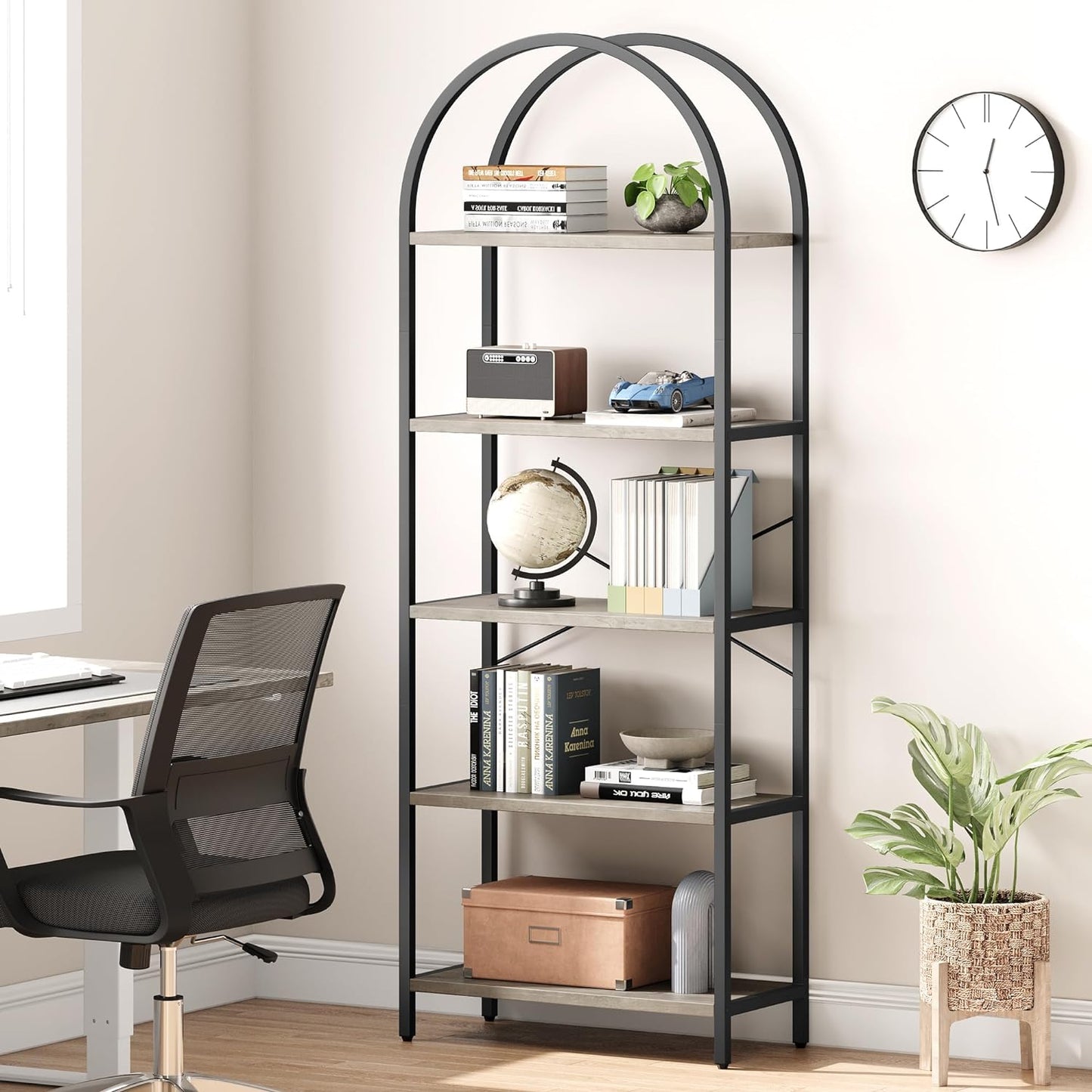 NEW - IDEALHOUSE Bookshelf 5 Tier Bookcase Arched Display Racks Tall Standing Bookshelves Metal Frame Farmhouse Storage Rack Shelf Grey Book Shelf for Bedroom, Living Room, Home Office - Retail $79