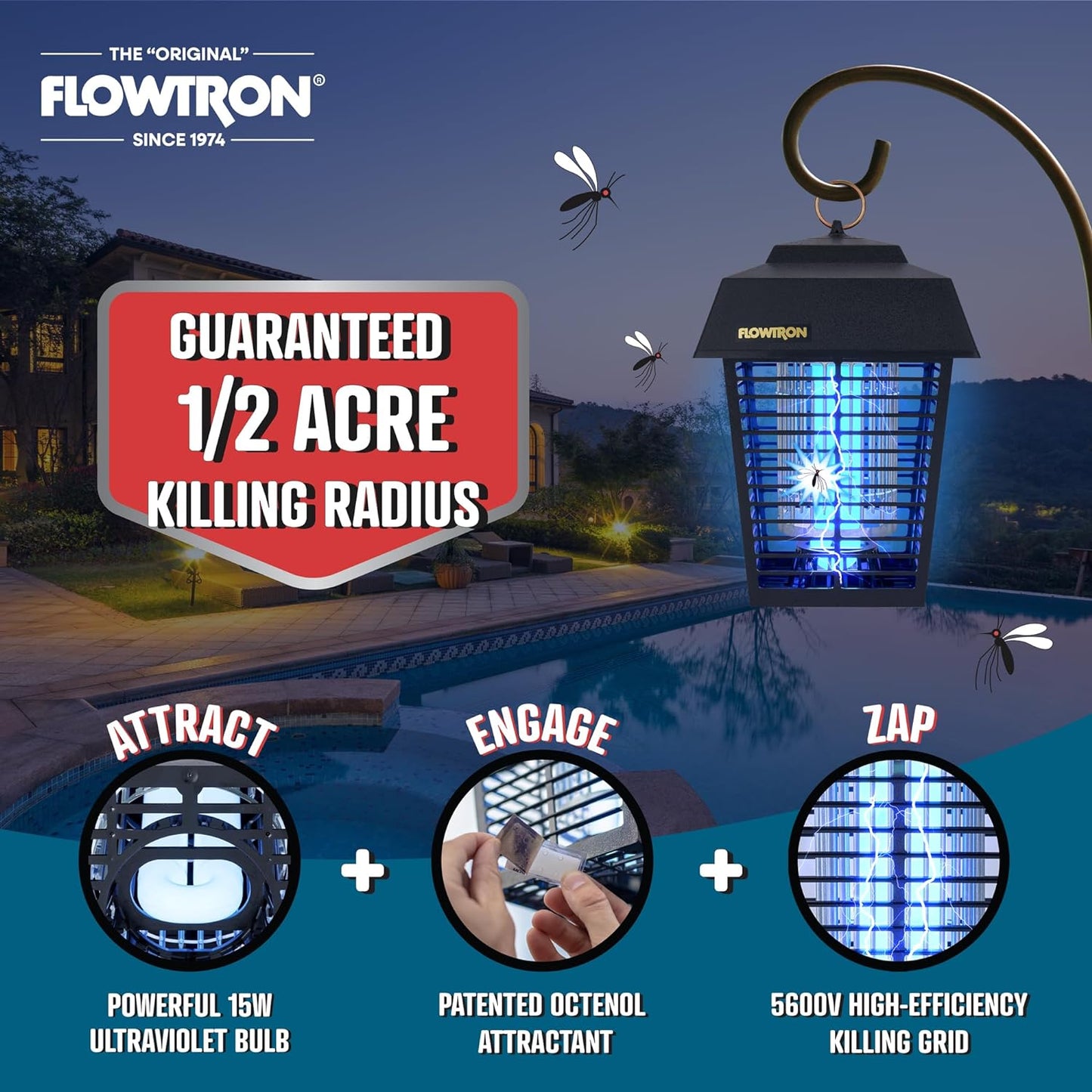 Flowtron Bug Zapper, 1/2 Acre of Outdoor Coverage with Powerful 15W Bulb & 5600V Instant Killing Grid, Electric Insect, Fly & Mosquito Zapper, Made in The USA - Retail $49