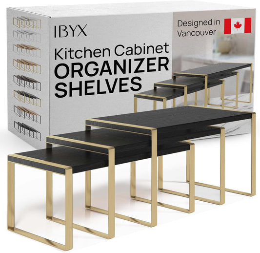 Ibyx Premium Kitchen Cabinet Organizer Shelf - Set of 3 Kitchen Counter Shelves - Stackable Shelf Racks for Cabinets - Metal Frame & Engineered Wood (Black Wood, Gold Frame)
