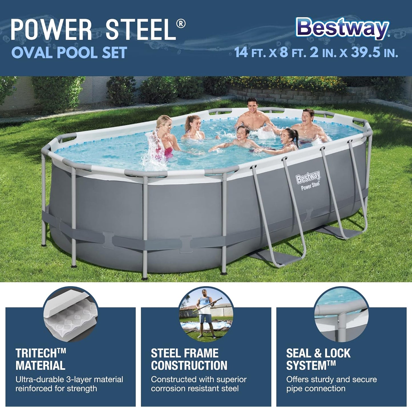 NEW IN BOX - Bestway Power Steel 14' x 8'2" x 39.5" Oval Above Ground Pool Set | Includes 530gal Filter Pump, Ladder, ChemConnect Dispener - Retail $478