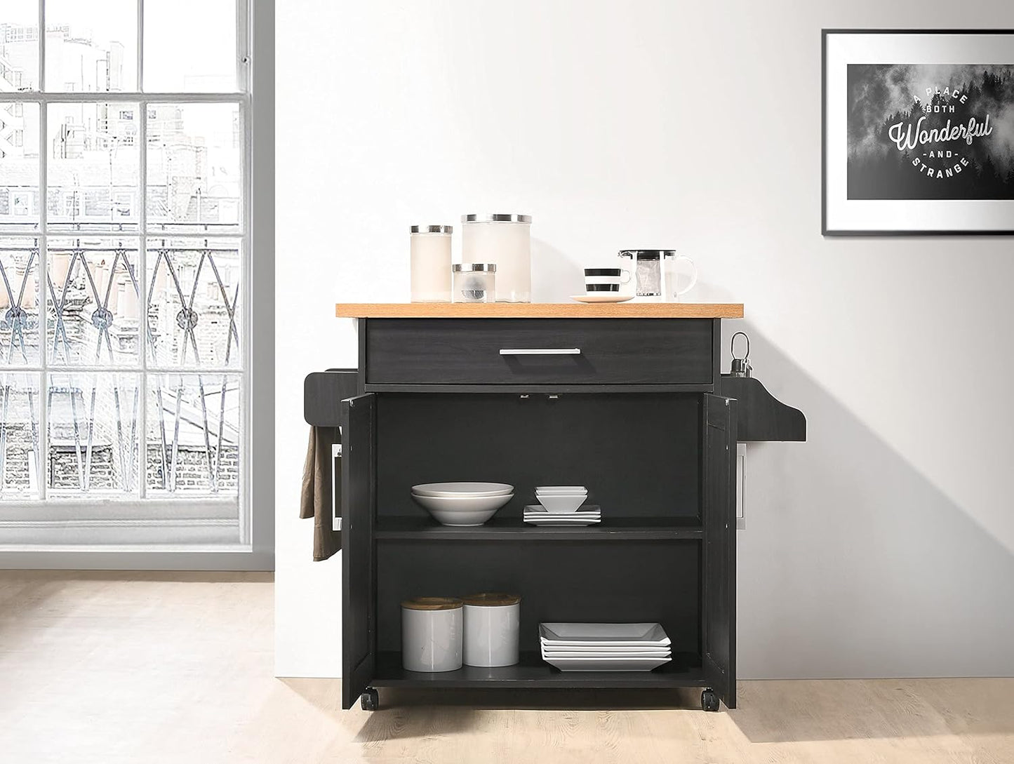 NEW - Hodedah Kitchen Island with Spice Rack, Towel Rack & Drawer, Black with Beech Top - Retail $229