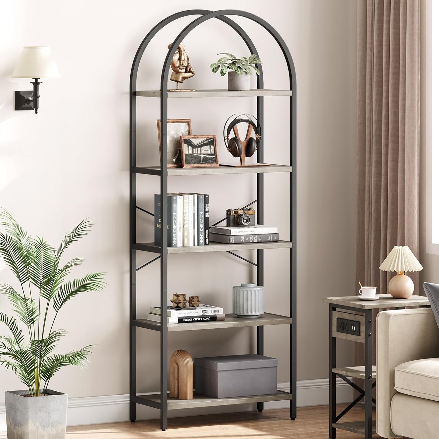 NEW - IDEALHOUSE Bookshelf 5 Tier Bookcase Arched Display Racks Tall Standing Bookshelves Metal Frame Farmhouse Storage Rack Shelf Grey Book Shelf for Bedroom, Living Room, Home Office - Retail $79