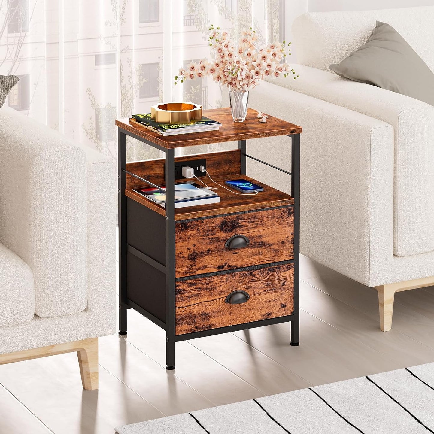 Furologee Nightstand Set of 2, Rustic Brown, with Charging Station and USB Ports, Side Tables with 2 Fabric Drawers, Bedside Tables with Storage Shelf & Hooks, for Living Room/Bedroom - Retail $109