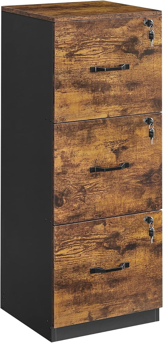 NEW -VASAGLE 3 Drawer File Cabinet, File Cabinet with Lock, Printer Stand, Office Filing Cabinet Organizer, for A4 and Letter Size Files, Rustic Brown and Black UOFC055B01 - Retail $109