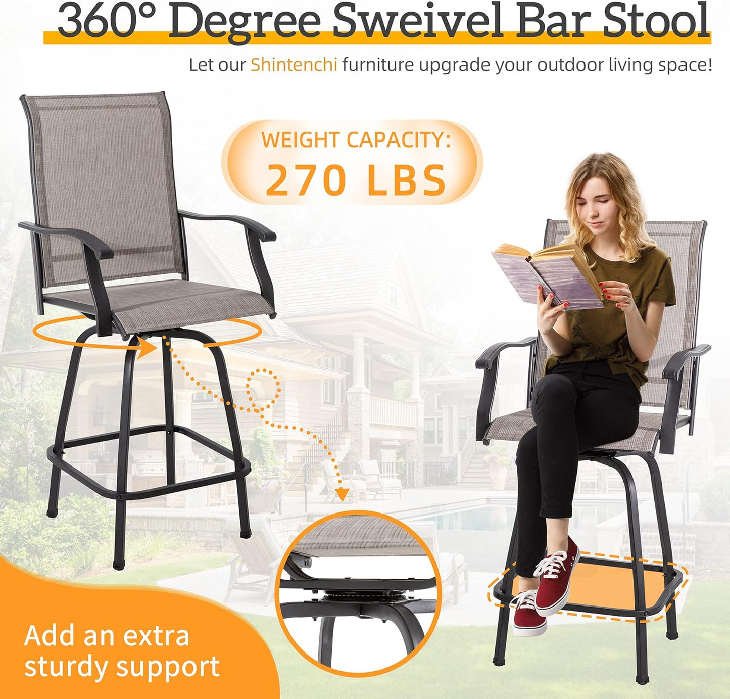 NEW - Shintenchi 2 Piece Patio Swivel Bar Stools, Outdoor Height Bar Patio Stools& Bar Chairs Set of 2 with High Back, All-Weather Textile Outdoor High Top Bistro Chairs for Yard,Balcony,Deck - Retail $159