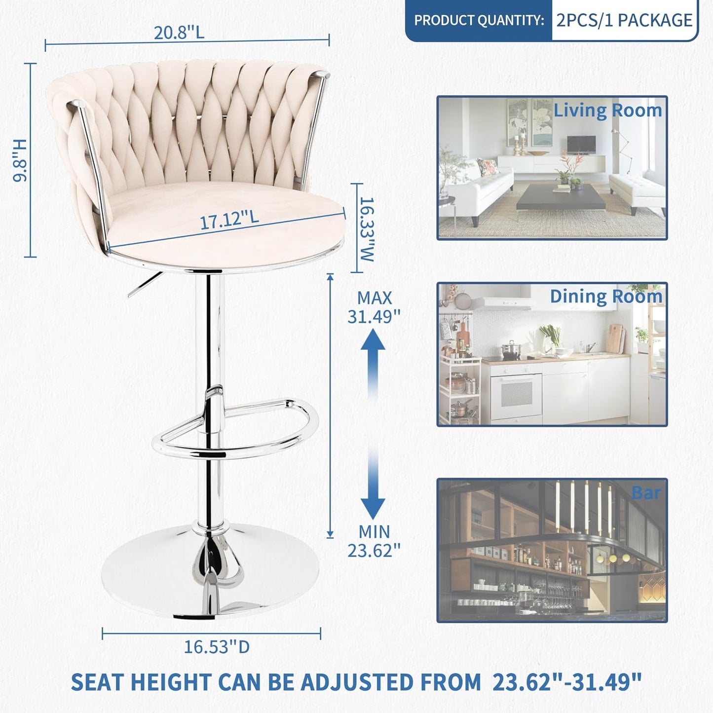 NEW - AWQM Velvet Bar Stool Set of 2, Counter Height Barstools Adjustable Kitchen Island Chairs,Swivel Bar Stools Upholstered Bar Chairs Counter Stool Armless Chairs with Back & Footrest, Beige - Retail $129