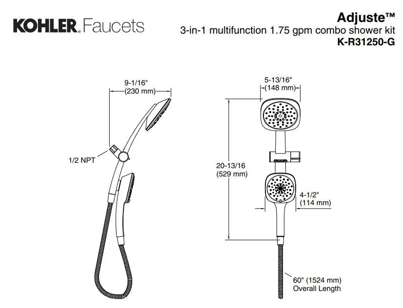 Kohler Adjuste 3-in-1 Multifunction Shower Kit Shower Head - Retail $109