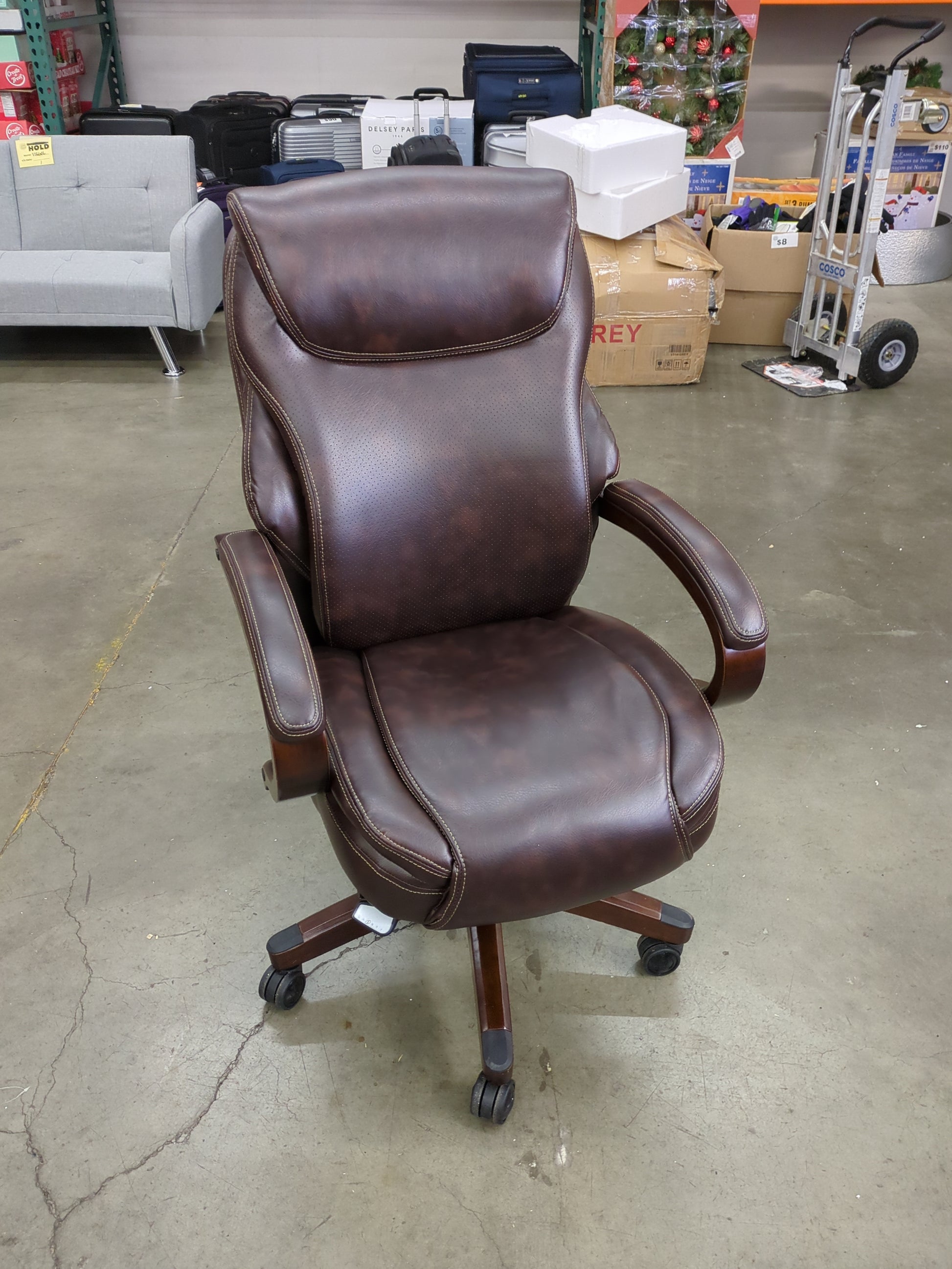 La-Z-Boy Hyland Executive Office Chair with AIR Lumbar Technology, Adjustable High Back Ergonomic Desk Chair with Lumbar Support, Mahogany Wood Finish, Bonded Leather, Brown - Retail $459