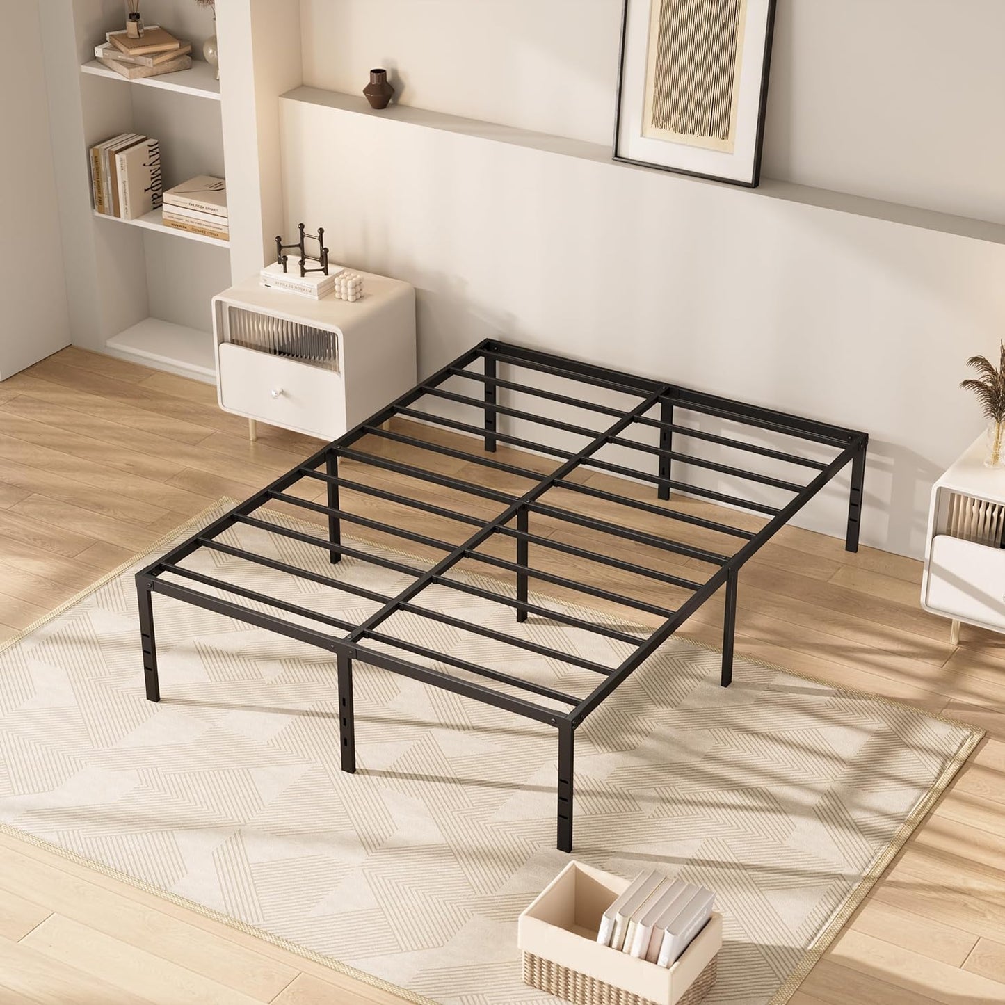 NEW - MISAGI Full 18inch Metal Bed Frame No Box Spring Needed, Heavy Duty Metal Platform with Tool Free Setup, Black, Durable, Suitable for Bedroom, Full - Retail $110