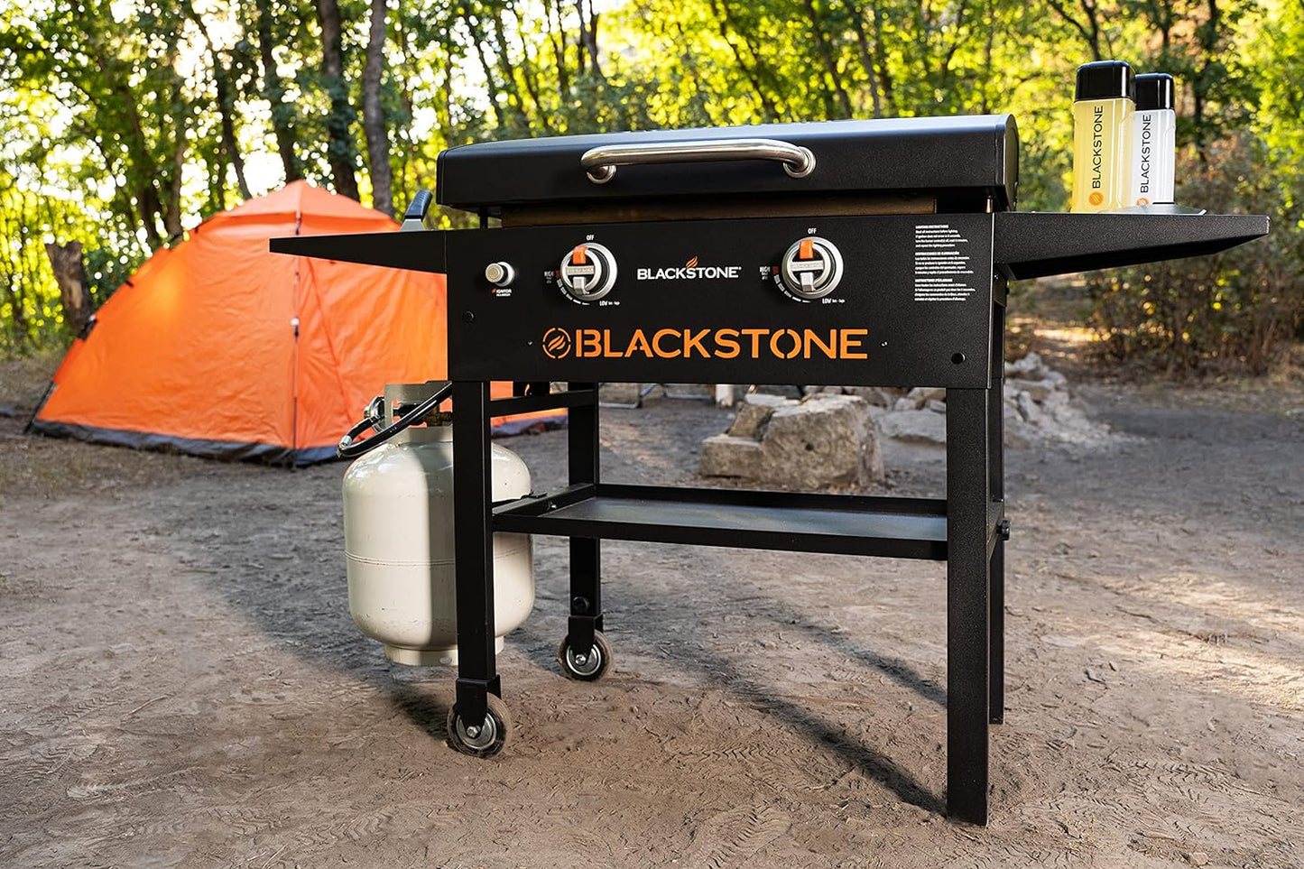 NEW - Blackstone 1883 Original 28” Griddle with Integrated Protective Hood and Counter Height Side Shelves, Powder Coated Steel, Black - Retail $370