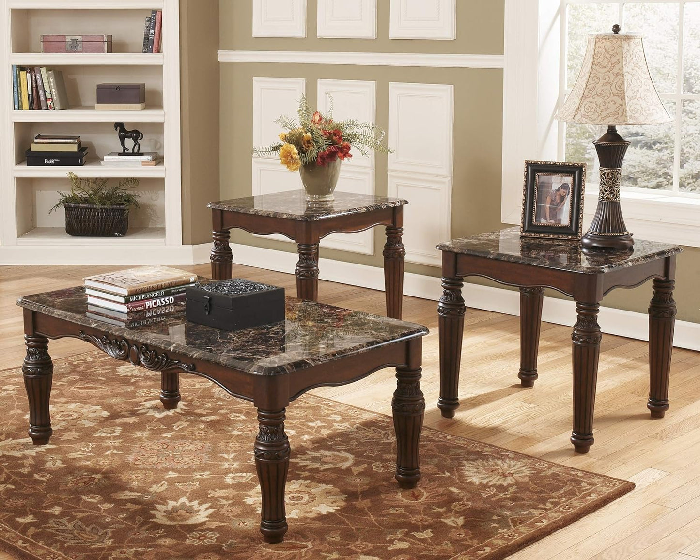 Signature Design by Ashley North Shore Traditional Faux Marble 3-Piece Table Set, Includes Coffee Table and 2 End Tables, Dark Brown - Retail $369