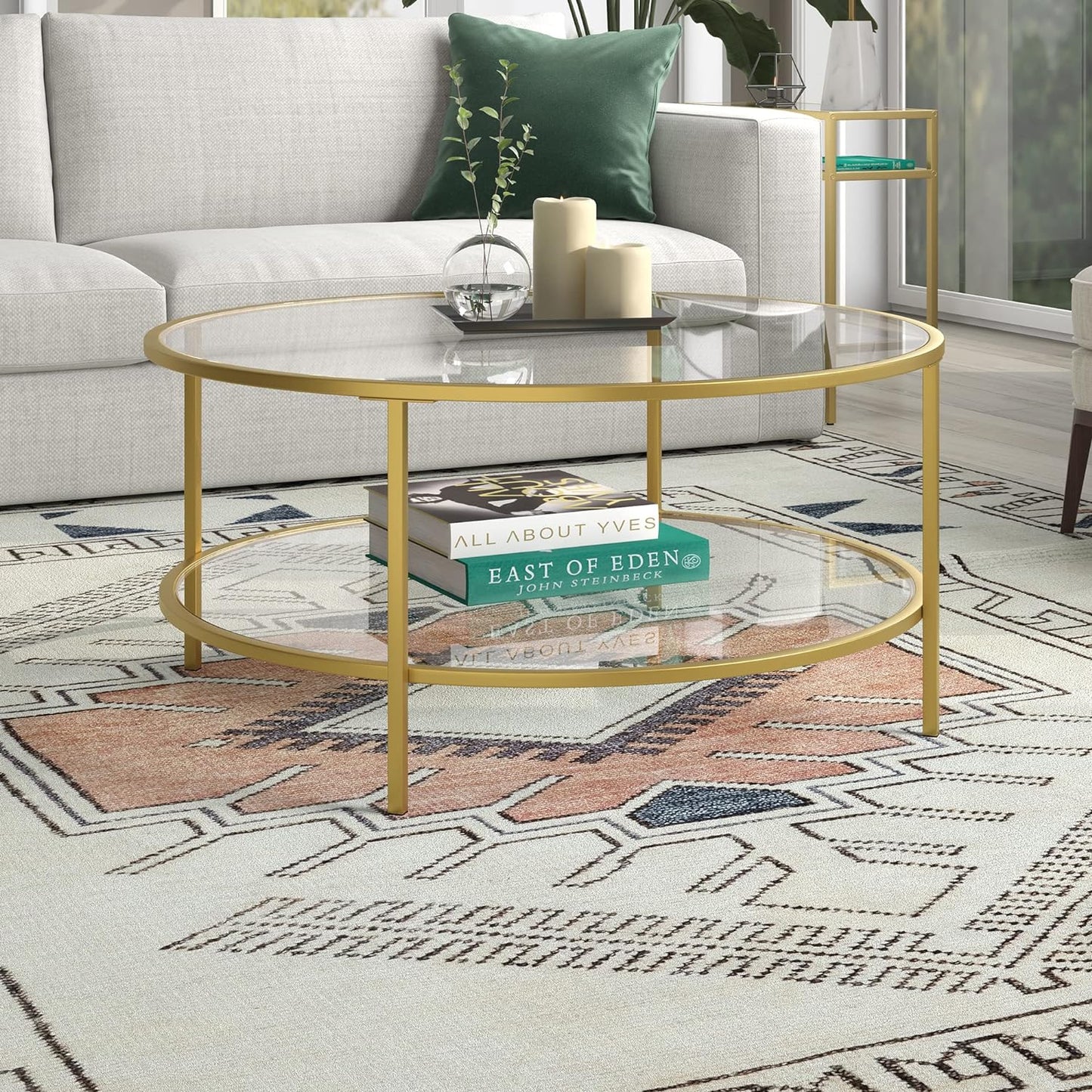 NEW - Henn&Hart 36" Wide Round Coffee Table with Glass Top in Brass, Round Coffee Table for living room, studio apartment essentials - Retail $123