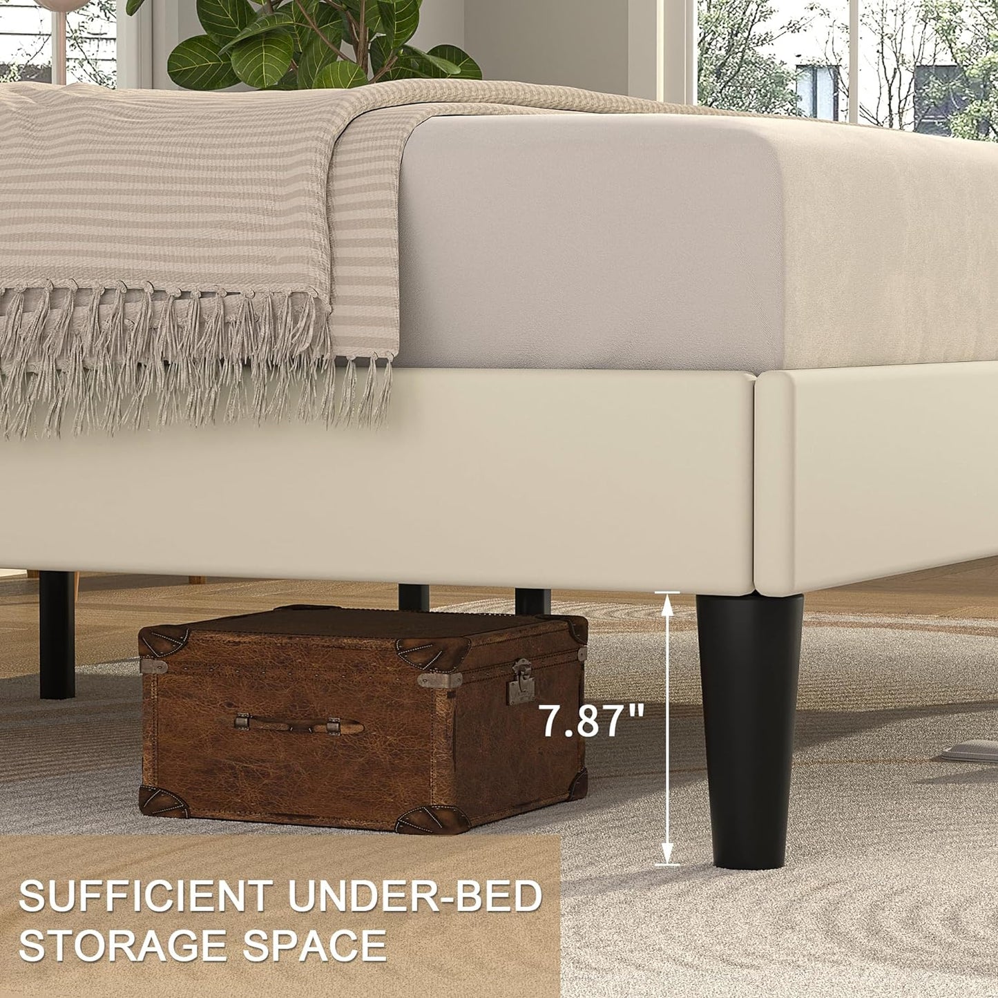 NEW - VECELO Queen Size Upholstered Bed Frame with Adjustable Headboard, Velvet Platform Bedframe Mattress Foundation, Strong Wood Slat Support, No Box Spring Needed, Beige - Retail $178