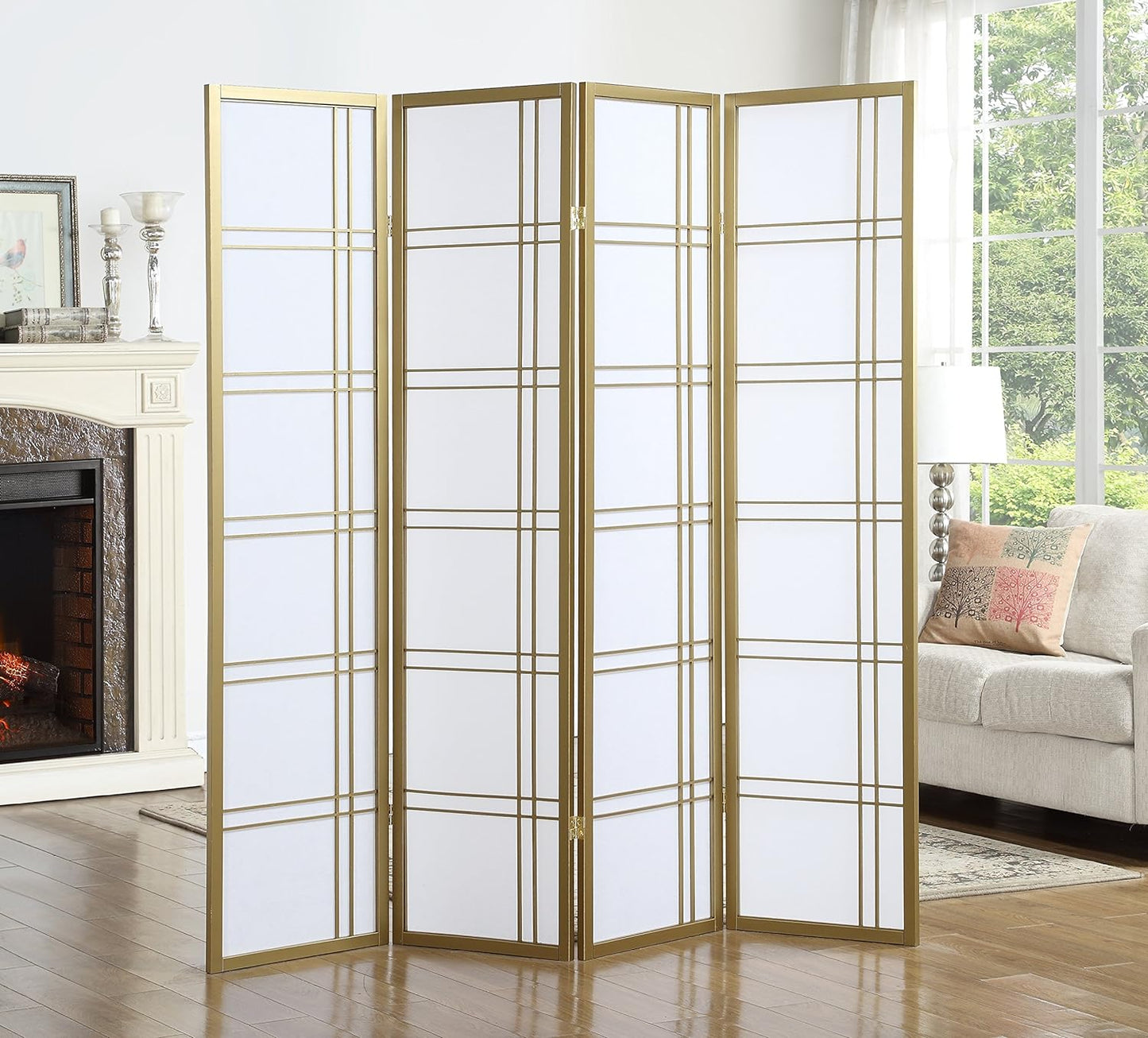 NEW - Roundhill Furniture Seto 4-Panel 4 Golden Room Divider Screen, Gold - Retail $99