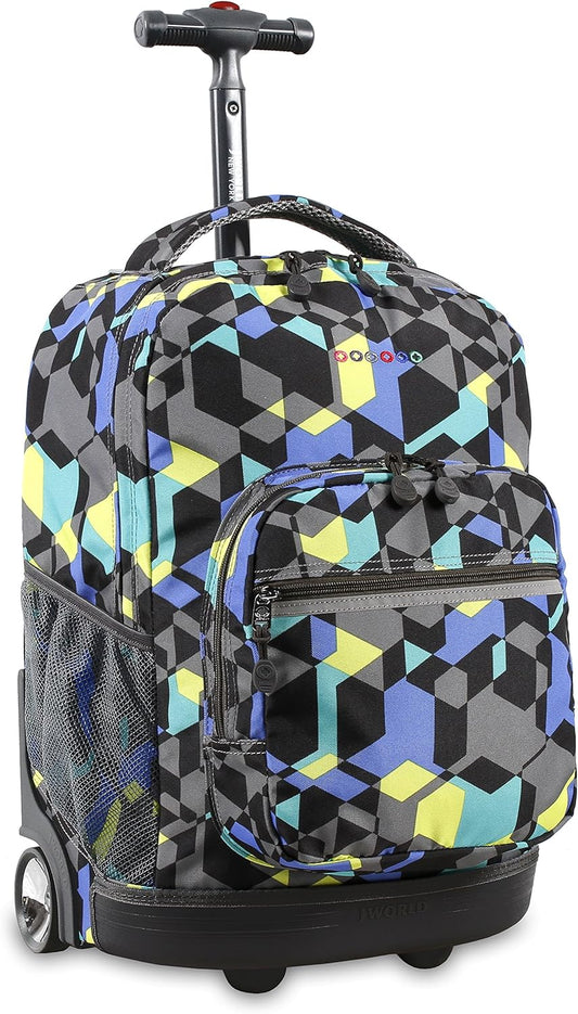 J World New York Sunrise Kids Rolling Backpack for Girls Boys Teen. Roller Bookbag with Wheels, Cubes, 18" - Retail $56