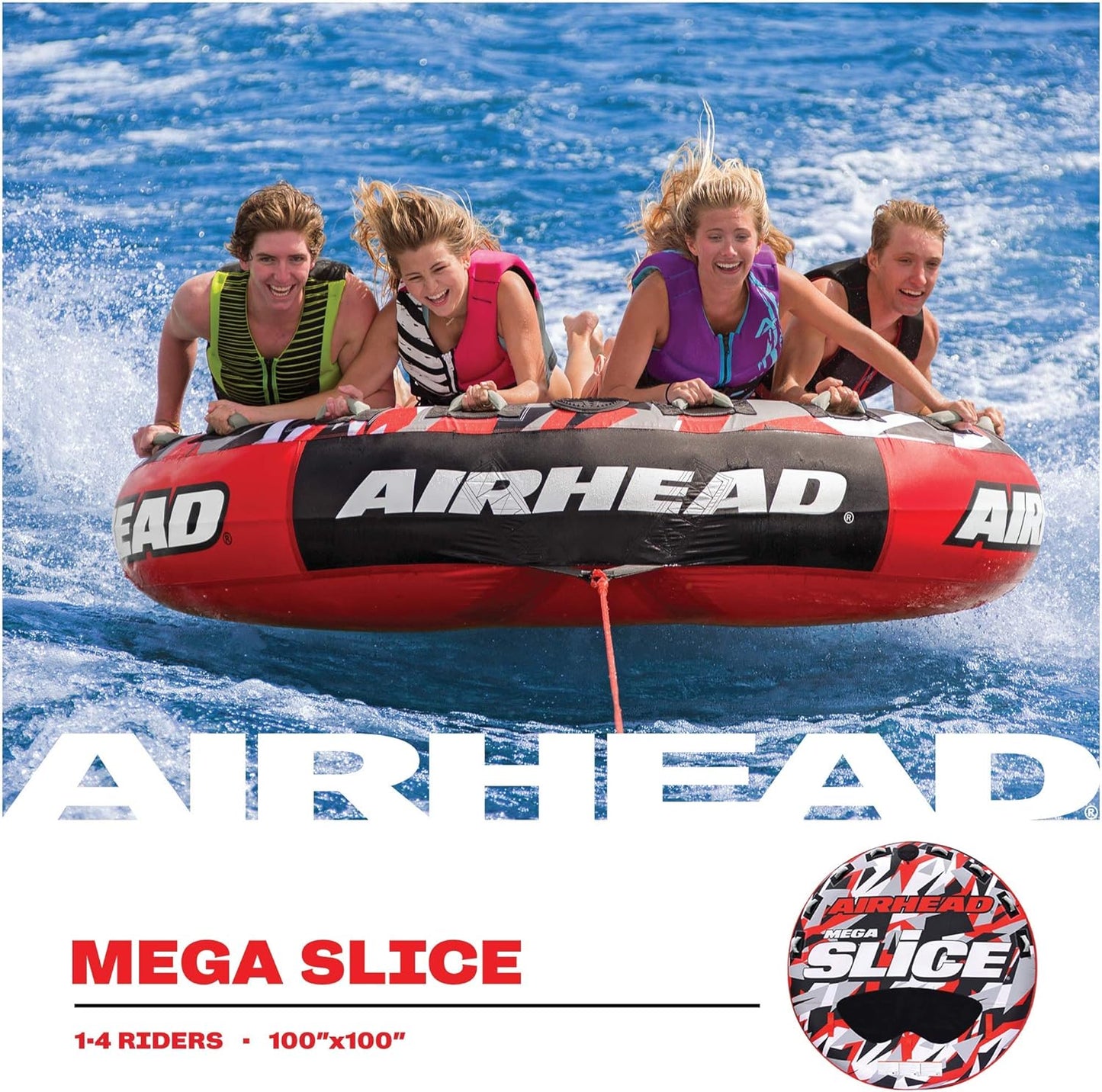 NEW - Airhead Mega Slice Towable 1-4 Rider Tube for Boating and Water Sports, Heavy Duty Full Nylon Cover with Zipper, EVA Foam Pads, and Patented Speed Safety Valve for Easy Inflating & Deflating - Retail $249