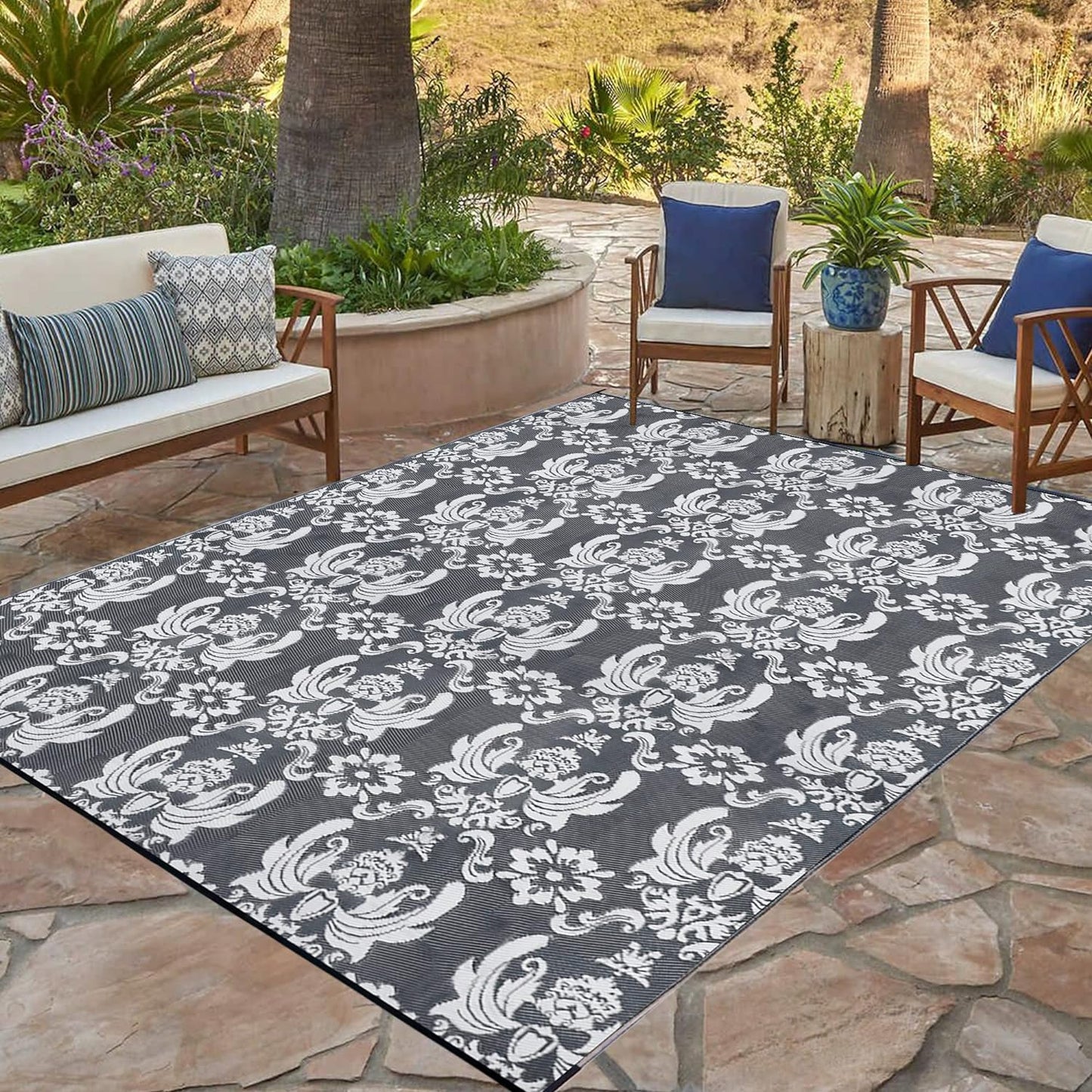 NEW - Ridota Reversible Mats, Outdoor Patio Rugs, Plastic Straw Rug, Modern Area Rug, Large Floor Mat for Outdoors, RV, Patio, Backyard, Deck, Picnic, Beach, Camping (Baroque Grey & White, 9' x 12') - Retail $129