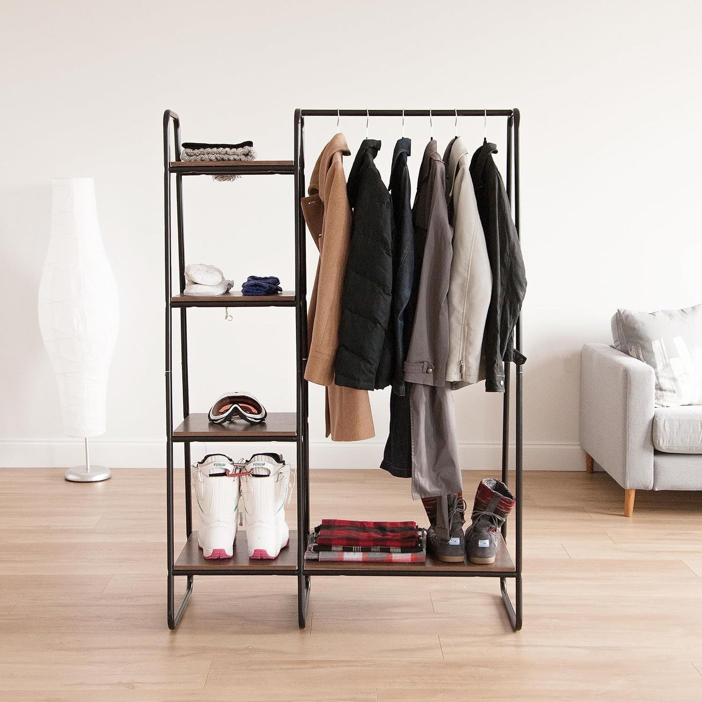 NEW - IRIS Metal Garment Rack with Wood Shelves, Black and Dark Brown, PI-B3 - Retail $100