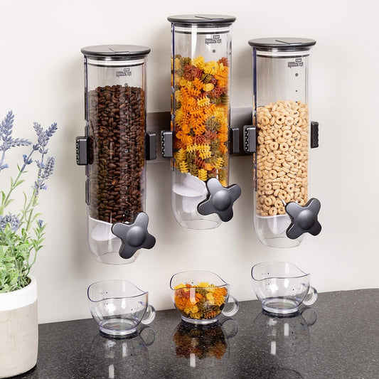 NEW - Zevro Indispensable SmartSpace Wall Mount Triple Dry-Food Dispenser 39 oz,Grey - Retail $46