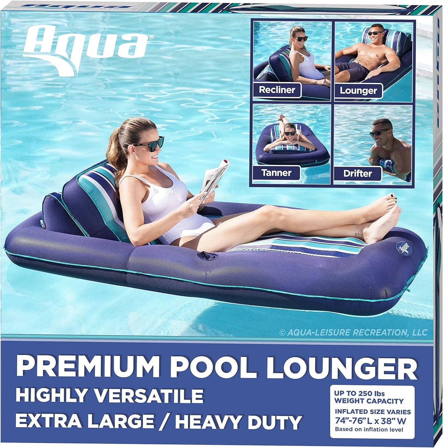 NEW - Aqua Premium Convertible Pool Float Lounge Extra Large Heavy Duty, Inflatable Pool Floats for Adults with Cupholder Navy/Green/White Stripe - Retail $165