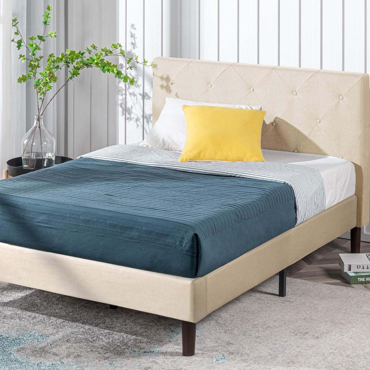 NEW - ZINUS KING Shalini Upholstered Platform Bed Frame / Mattress Foundation / Wood Slat Support / No Box Spring Needed / Easy Assembly, Beige, King - Retail $361