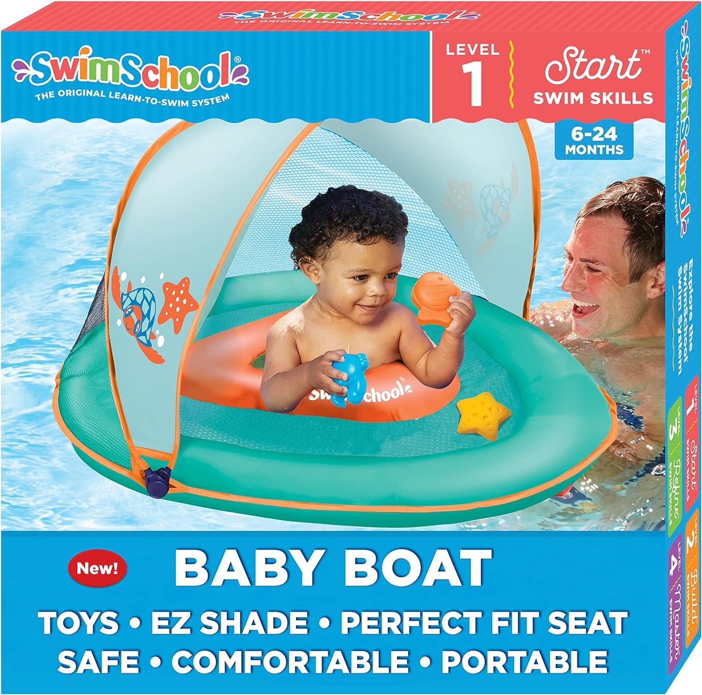 NEW - SwimSchool Infant Baby Pool Float with Splash & Play Activity Toys, Adjustable Sun Canopy, Safety Seat, Infant Baby Floatie, 6 - 24 Months- Seafoam/Orange - Retail $28