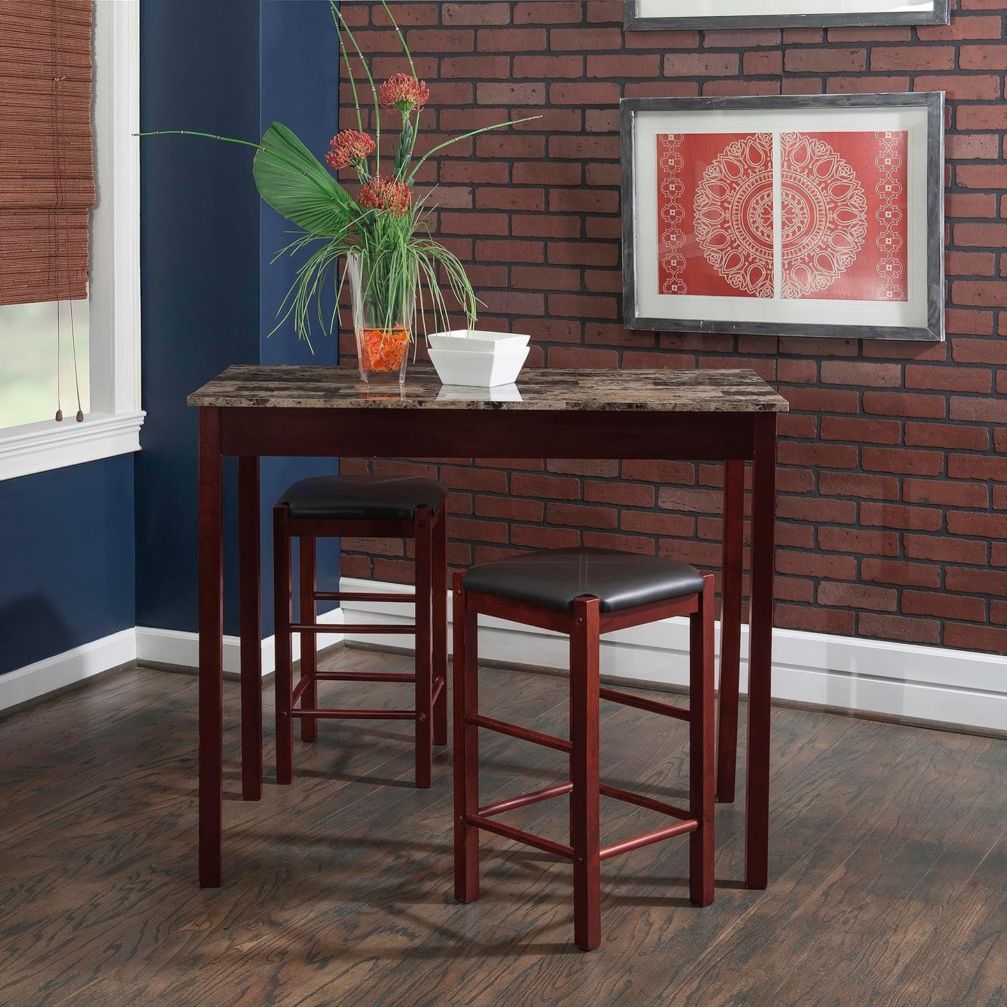 NEW - Linon Brown 3-Piece Table Faux Marble Tavern Set, 42" w x 22.25" d x 36" h - Retail $121