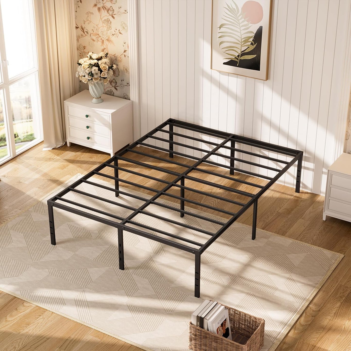 NEW - DERYONI 18 inch Queen Size Bed Frame No Box Spring Needed Heavy Duty Queen Platform Bed Frame Steel Slat Support 750lbs High Easy Assembly Noise Free Black Bed Frame Queen Size - Retail $76