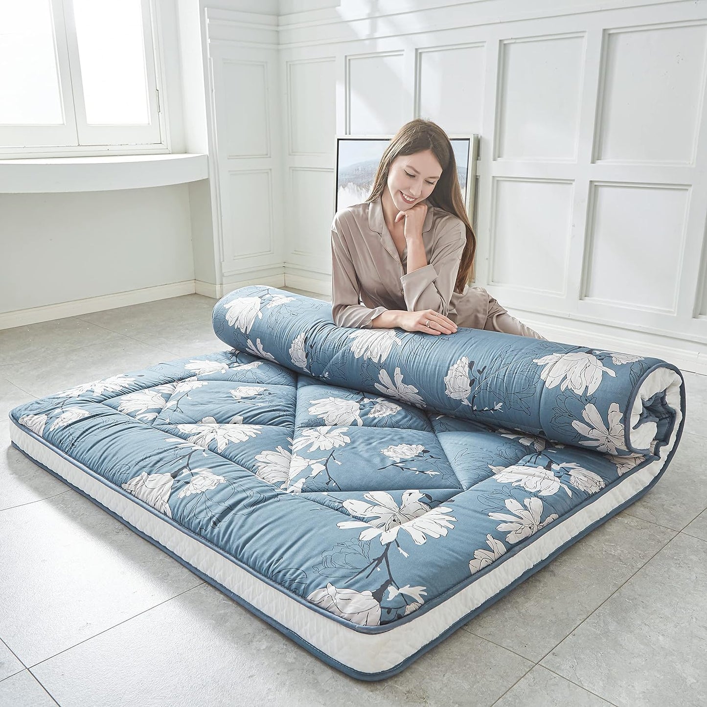 NEW - Heimorn Japanese TWIN Floor Mattress Futon Mattress, Thicken Sleeping Mattress Foldable & Portable Roll up Camping Mattress, Flower Pattern - Retail $99