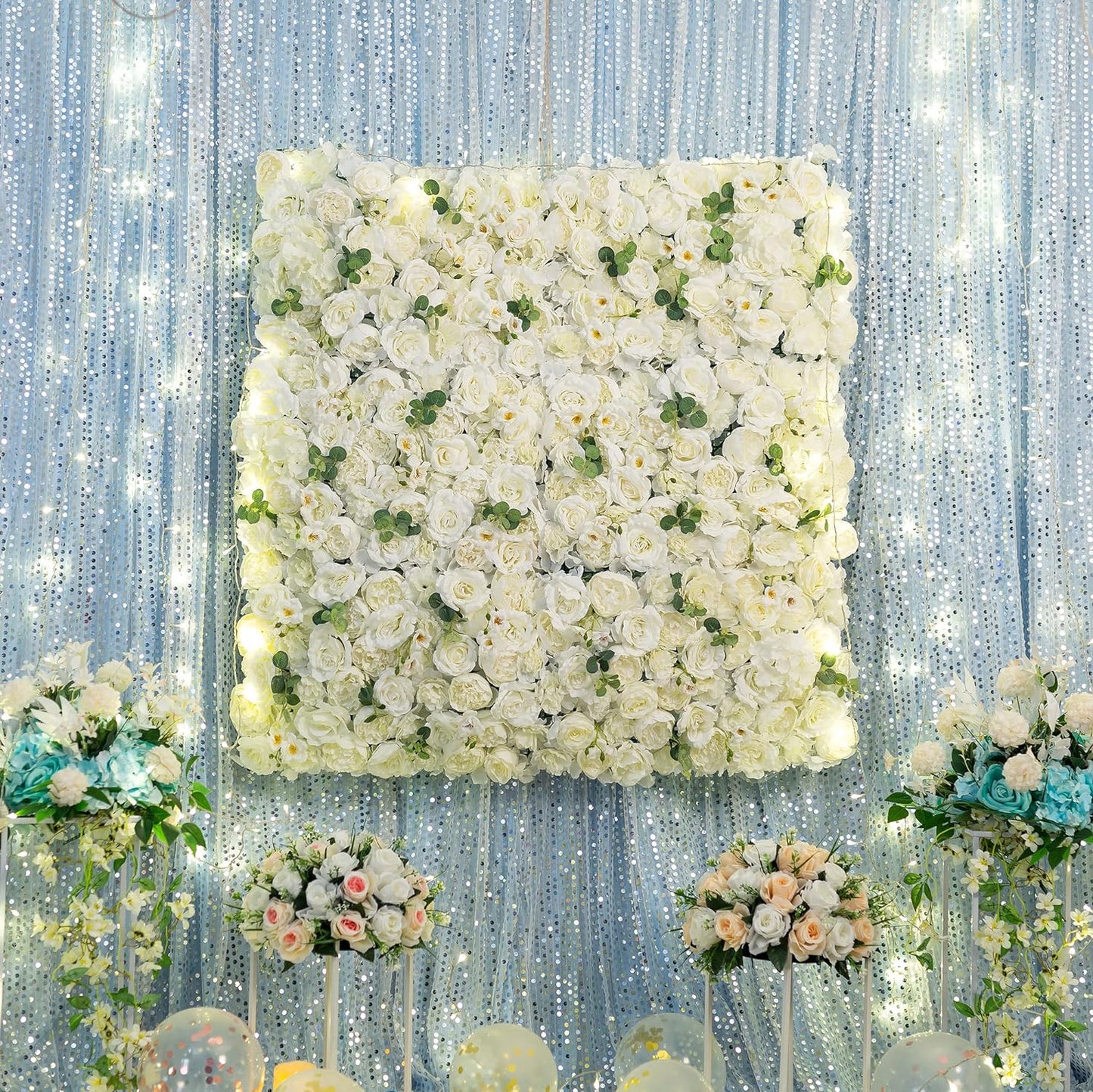 Flower Wall Panel Floral Backdrop - 6 Pcs Flower Wall Decor, 24" X 16" Silk Rose Wall, Artificial Flower Wall Backdrop Faux Flower Panel for Wedding, Party, Nursery, Home Decor, Champagne & White - Retail $139