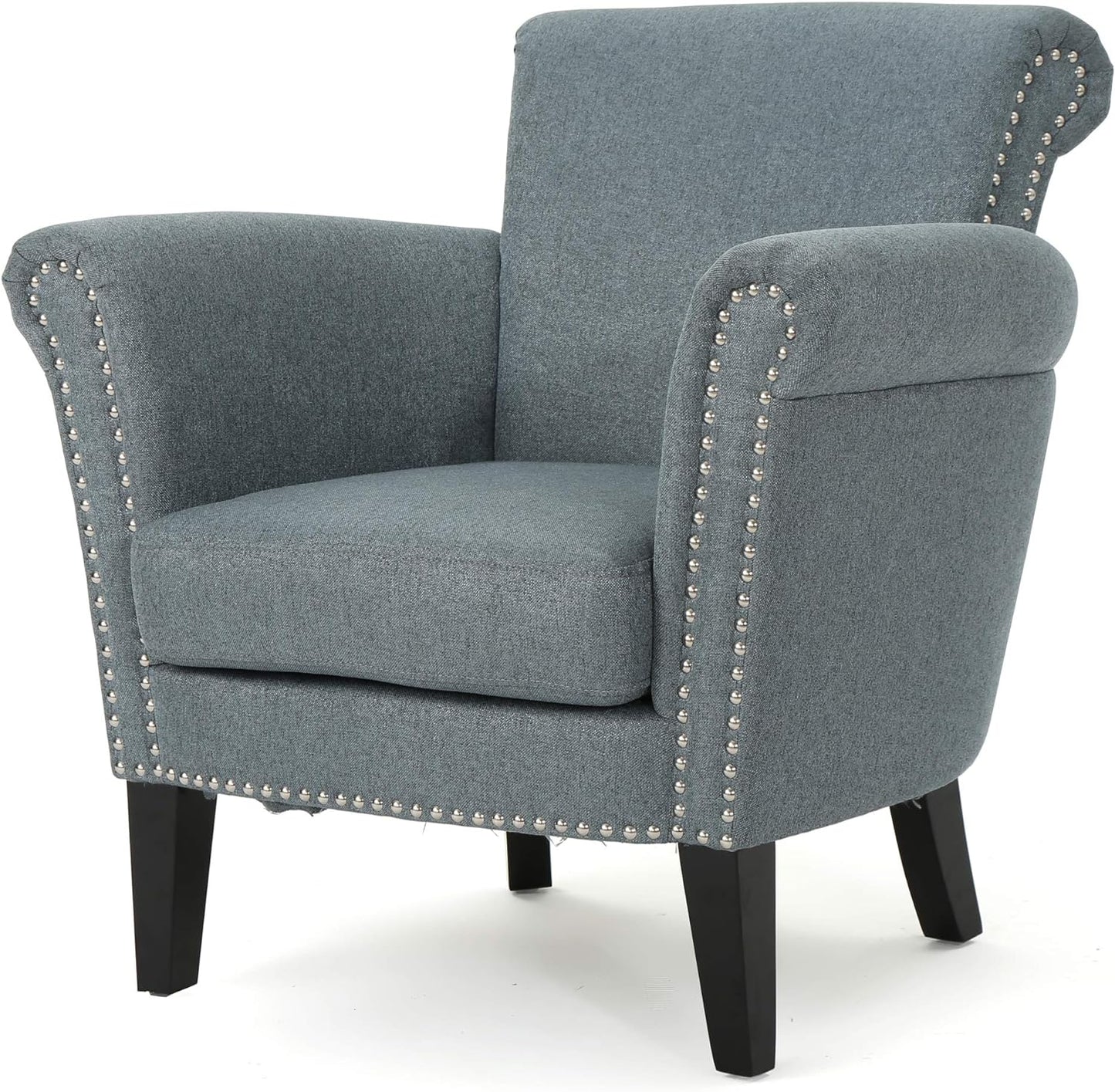 NEW - Christopher Knight Home Brice Vintage Scroll Arm Studded Fabric Club Chair, Steel Blue / Dark Brown - Retail $200